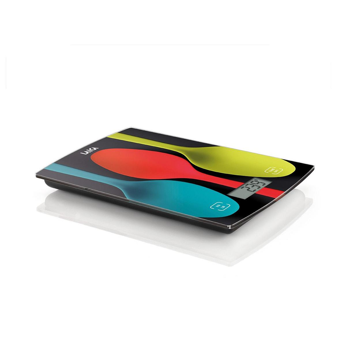 A digital kitchen scale featuring red, green, and blue spoon designs.