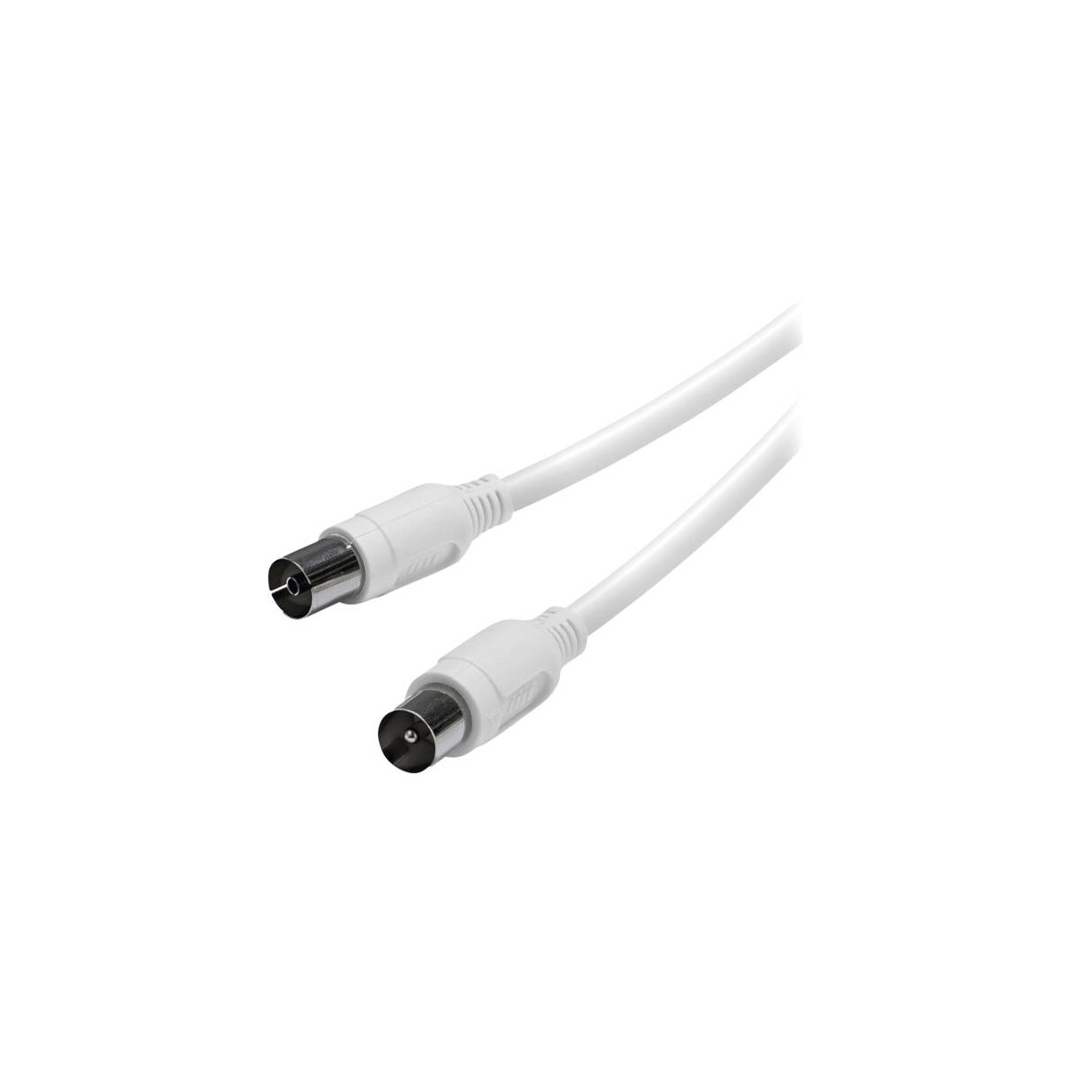 Dos cables de antena blancos con conectores macho sobre fondo blanco.