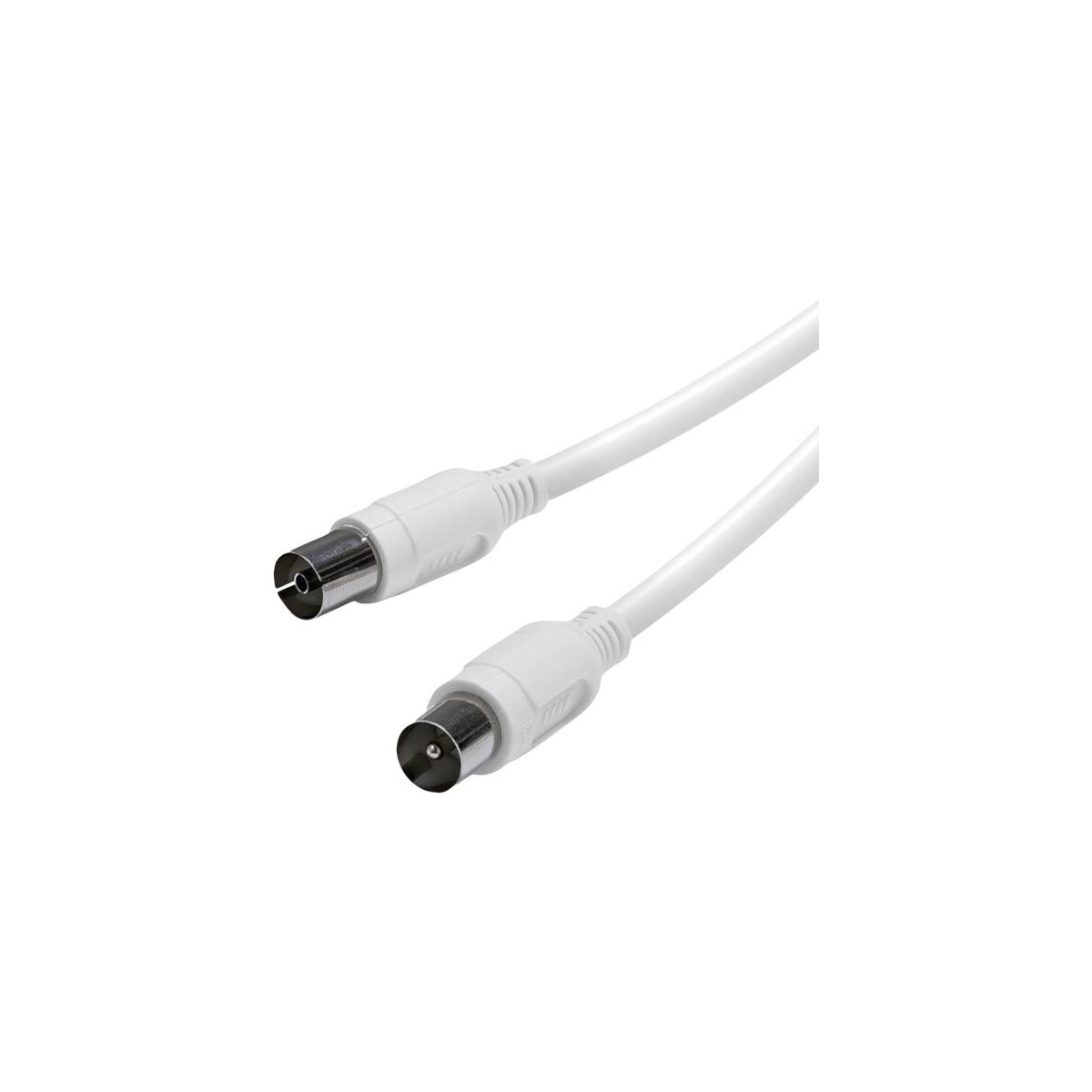 Un cable coaxial blanco con dos conectores macho sobre fondo blanco.