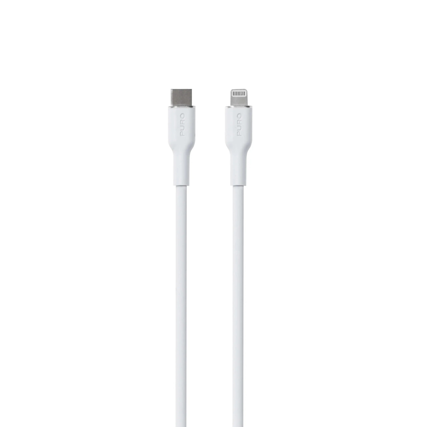 Cavi USB-C e Lightning bianchi con marchio Puro su sfondo bianco.