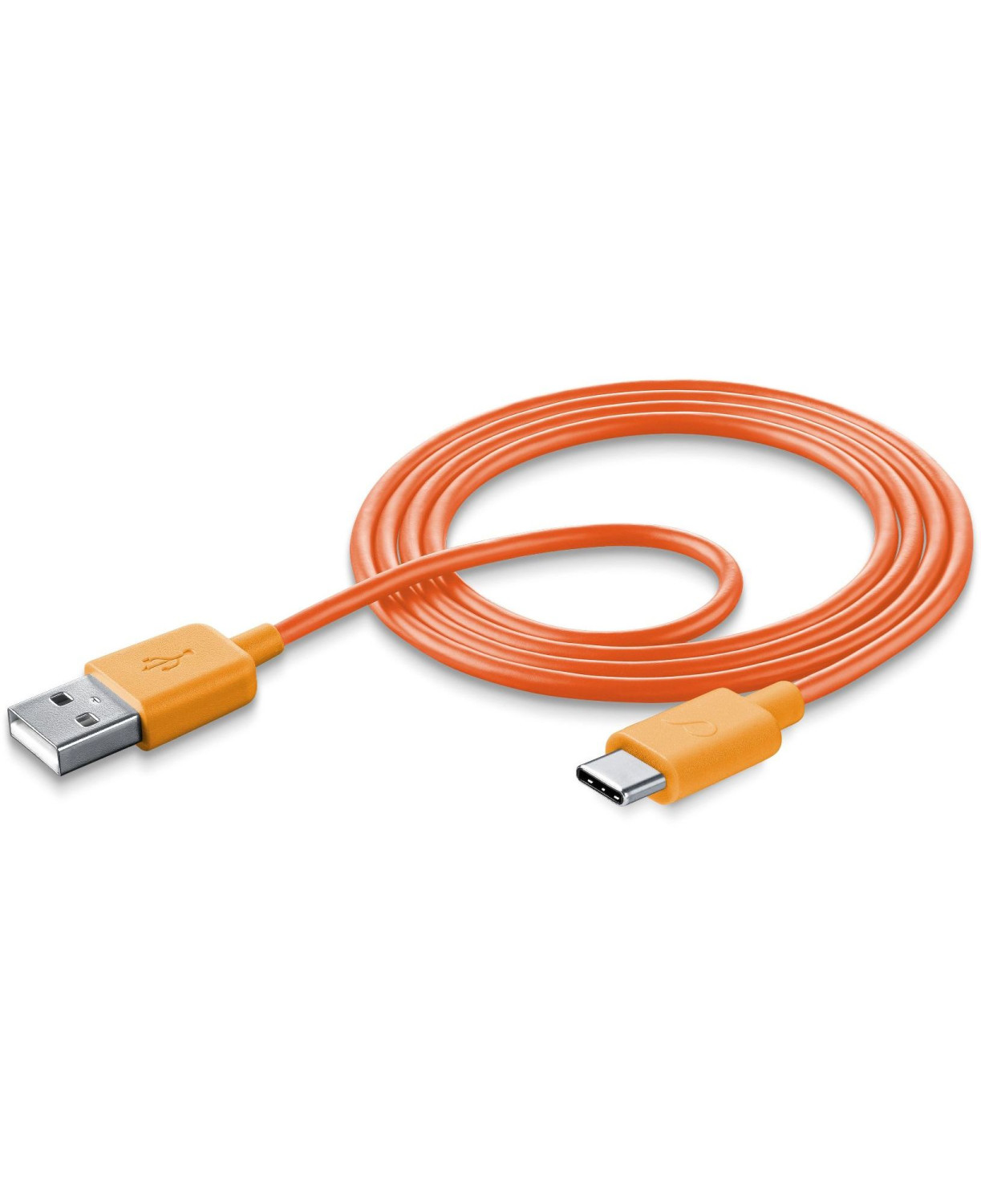 Un cavo da USB-A a USB-C arancione giace su sfondo bianco.