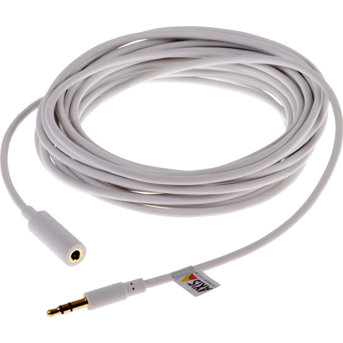 Un cavo audio bianco arrotolato con jack da 3,5 mm e connettore femmina.