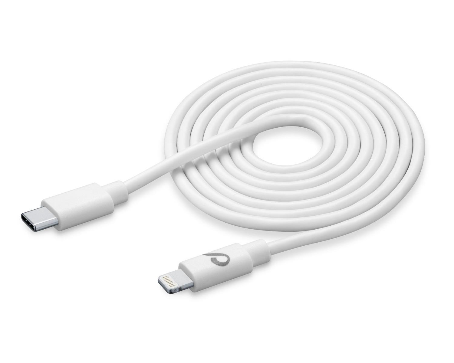 Un cable blanco USB-C a Lightning enrollado sobre fondo blanco.