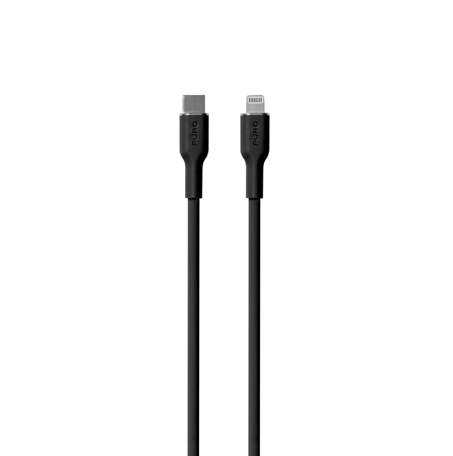 Due cavi di ricarica neri con logo Puro, uno con connettore USB-C, l'altro con connettore Lightning.