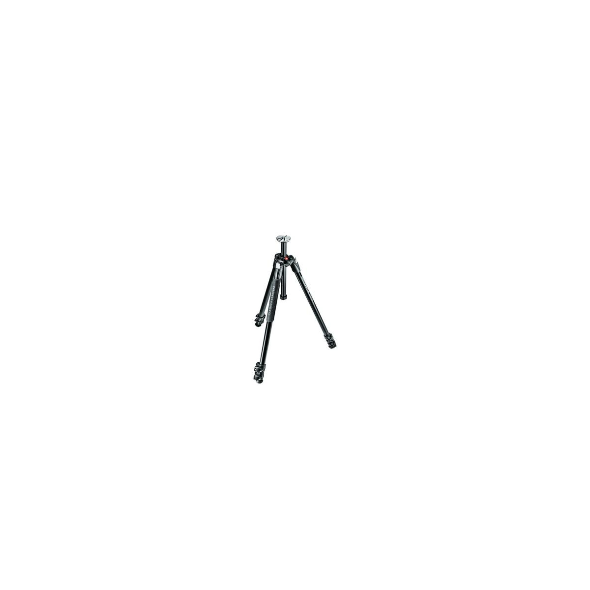 A black tripod with three legs extended, standing on a white background.