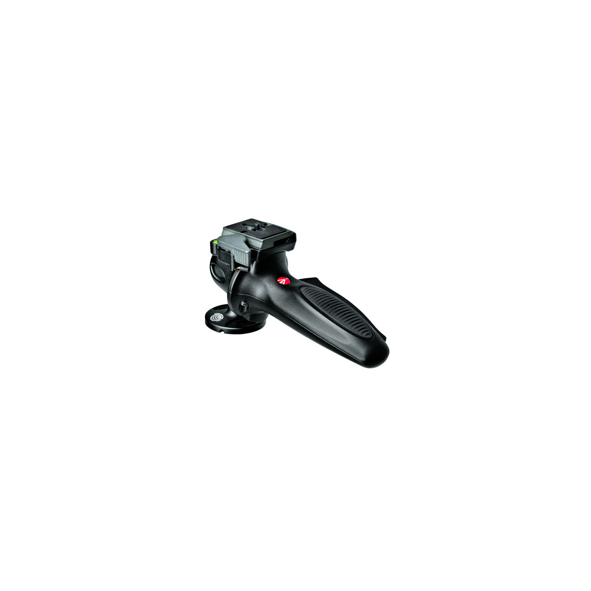 Cabezal de cámara Manfrotto negro con mango y placa de liberación rápida sobre fondo blanco.