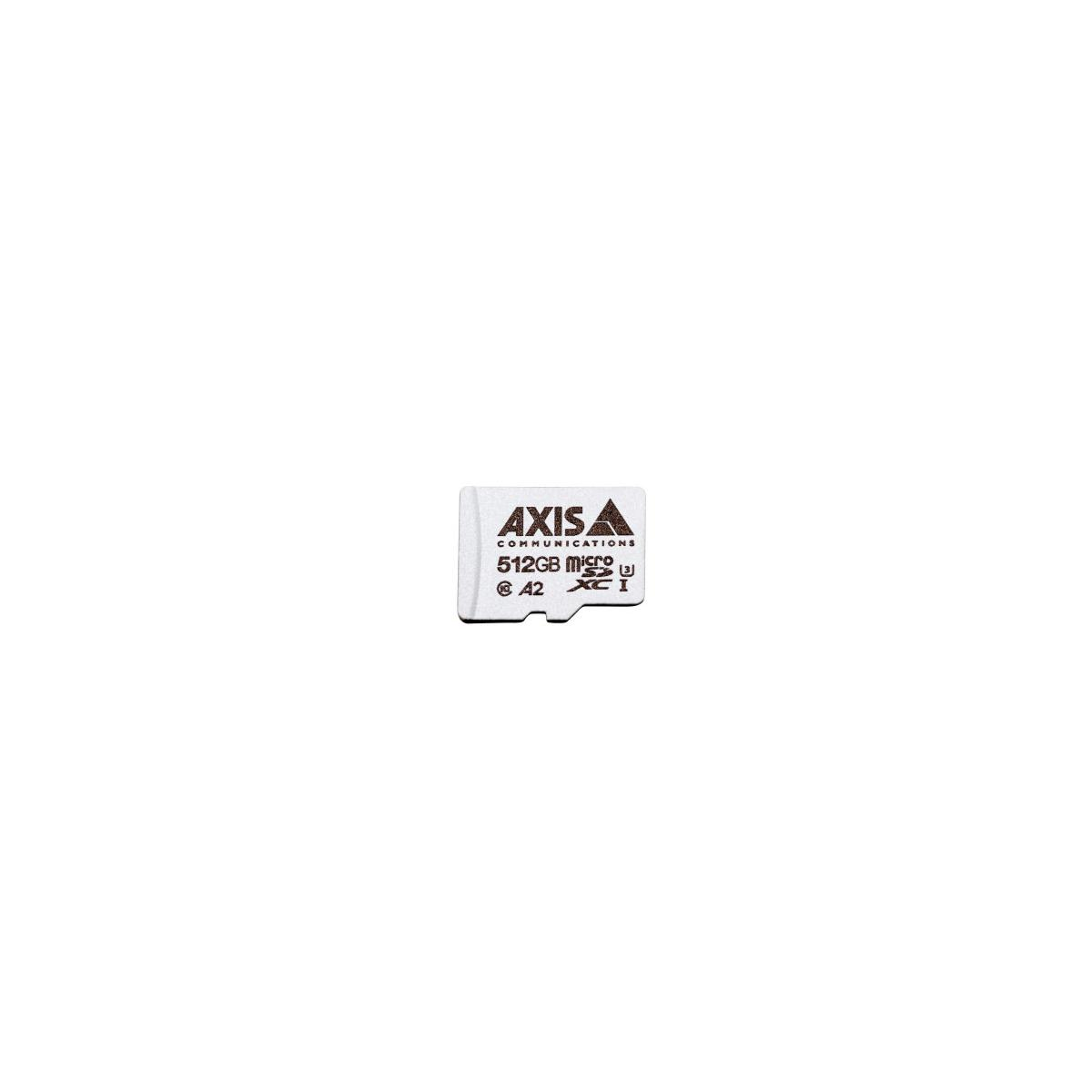 Une carte MicroSD blanche de 512 Go avec le logo Axis et ses spécifications.