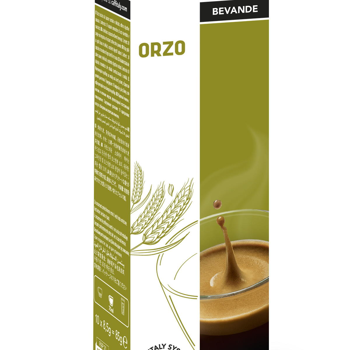 Packung für ORZO-Getränkepulver mit Weizenähren und Kaffee-Splash.