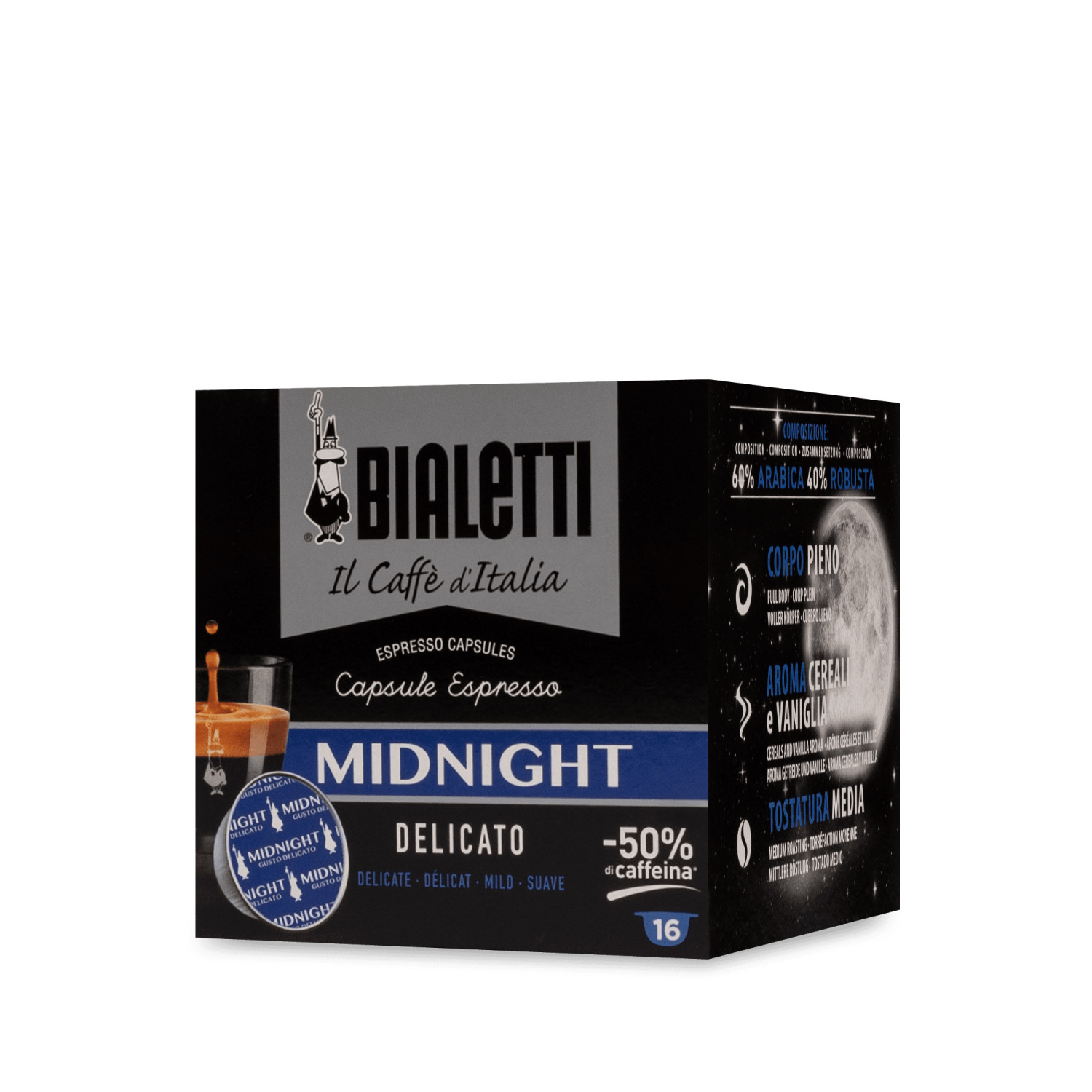 Bialetti Midnight Espresso Kapseln, Delicato, 16 Stück, 60% Arabica, 40% Robusta.