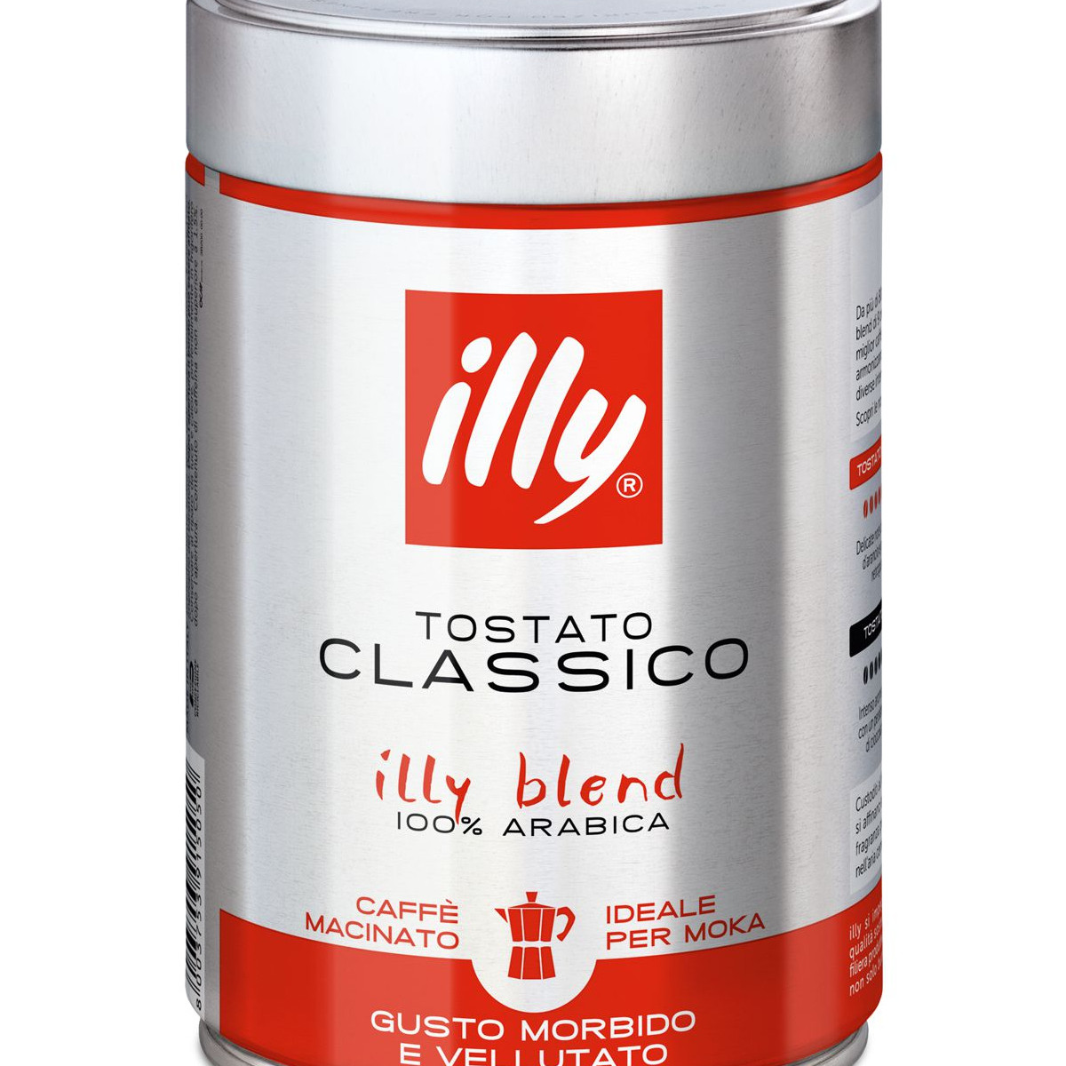 Una lattina di caffè Illy argentata con logo e testo rossi.