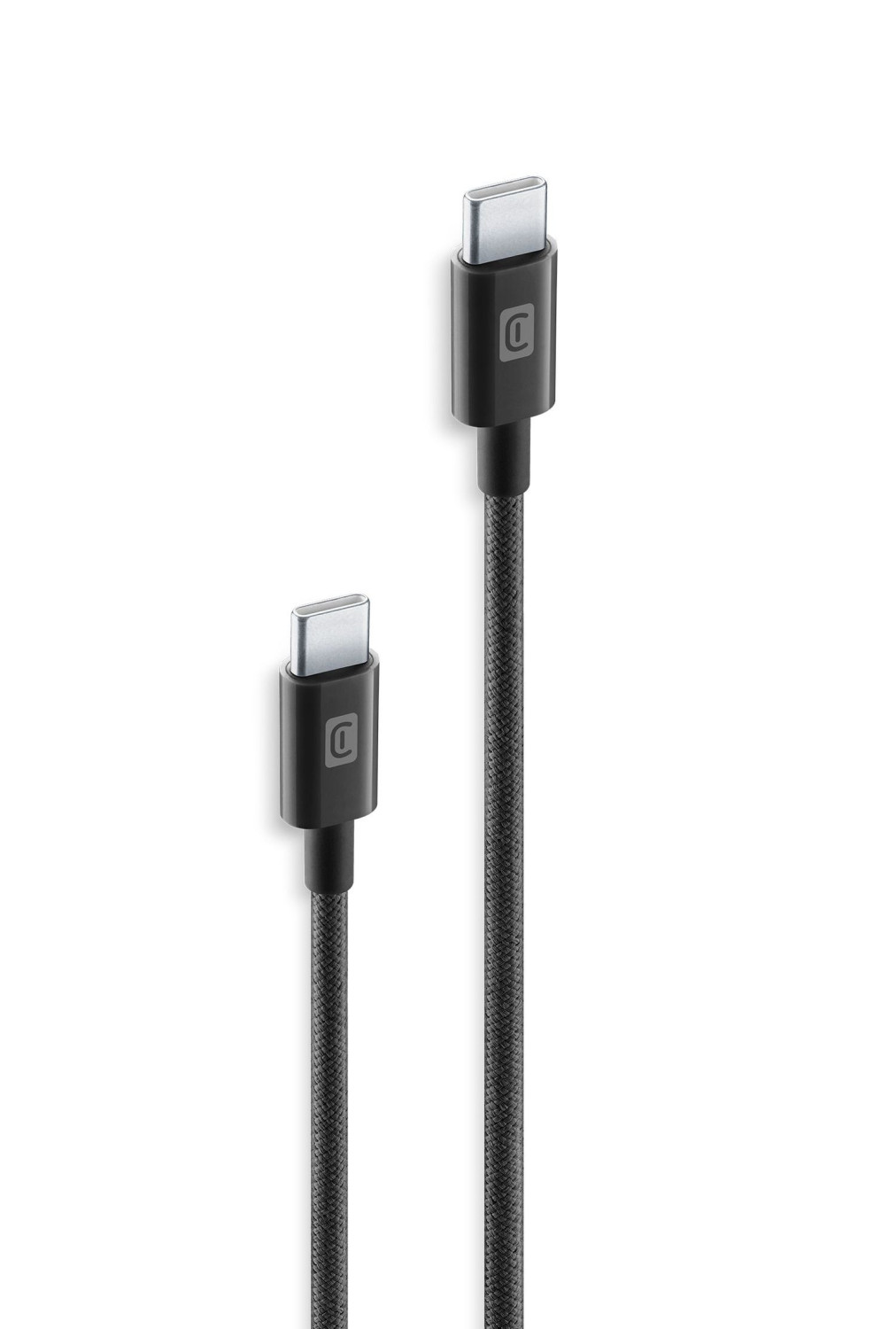 Deux câbles USB-C noirs à revêtement en tissu sont côte à côte.