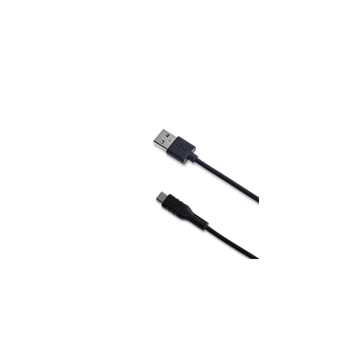 Un cable USB-A a USB-C negro sobre fondo blanco.