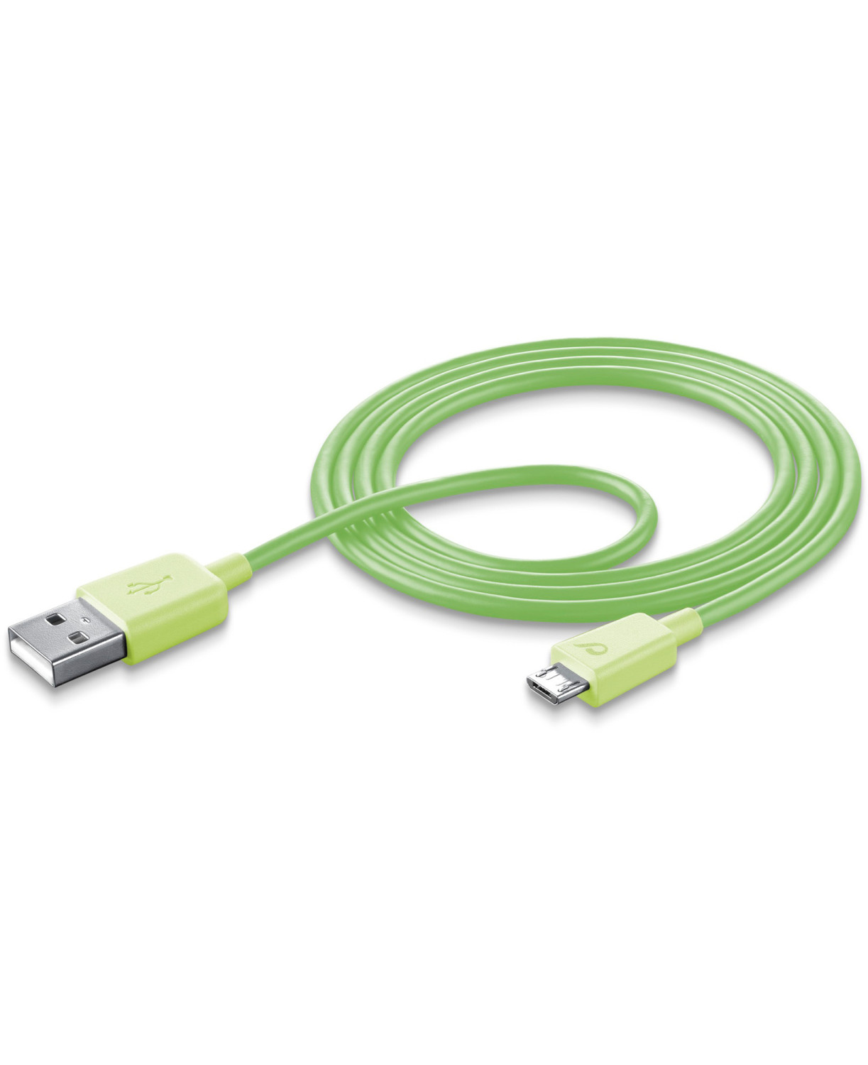 Un cavo USB a Micro USB verde brillante con connettore USB-A a sinistra e Micro USB a destra.