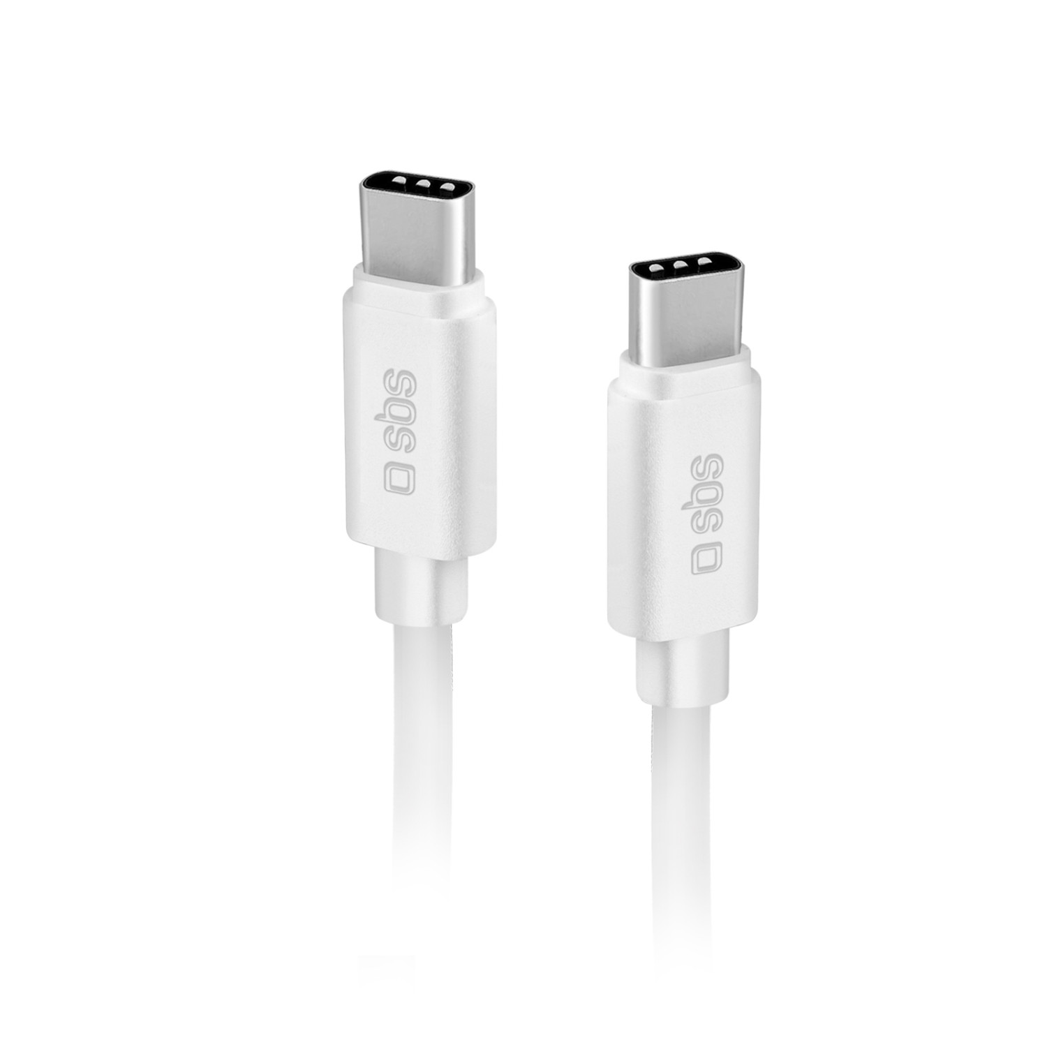 Dos cables USB-C blancos con conectores plateados sobre fondo blanco.