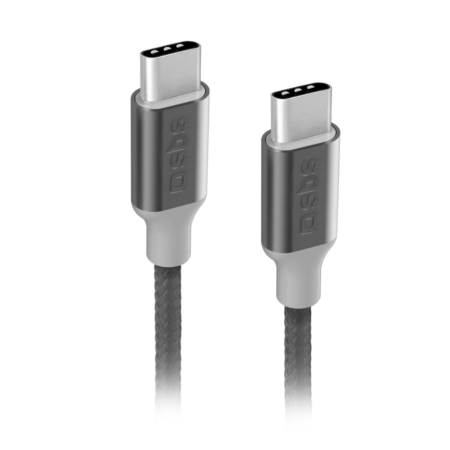 Due cavi USB-C con connettori argentati e cavi intrecciati grigi.