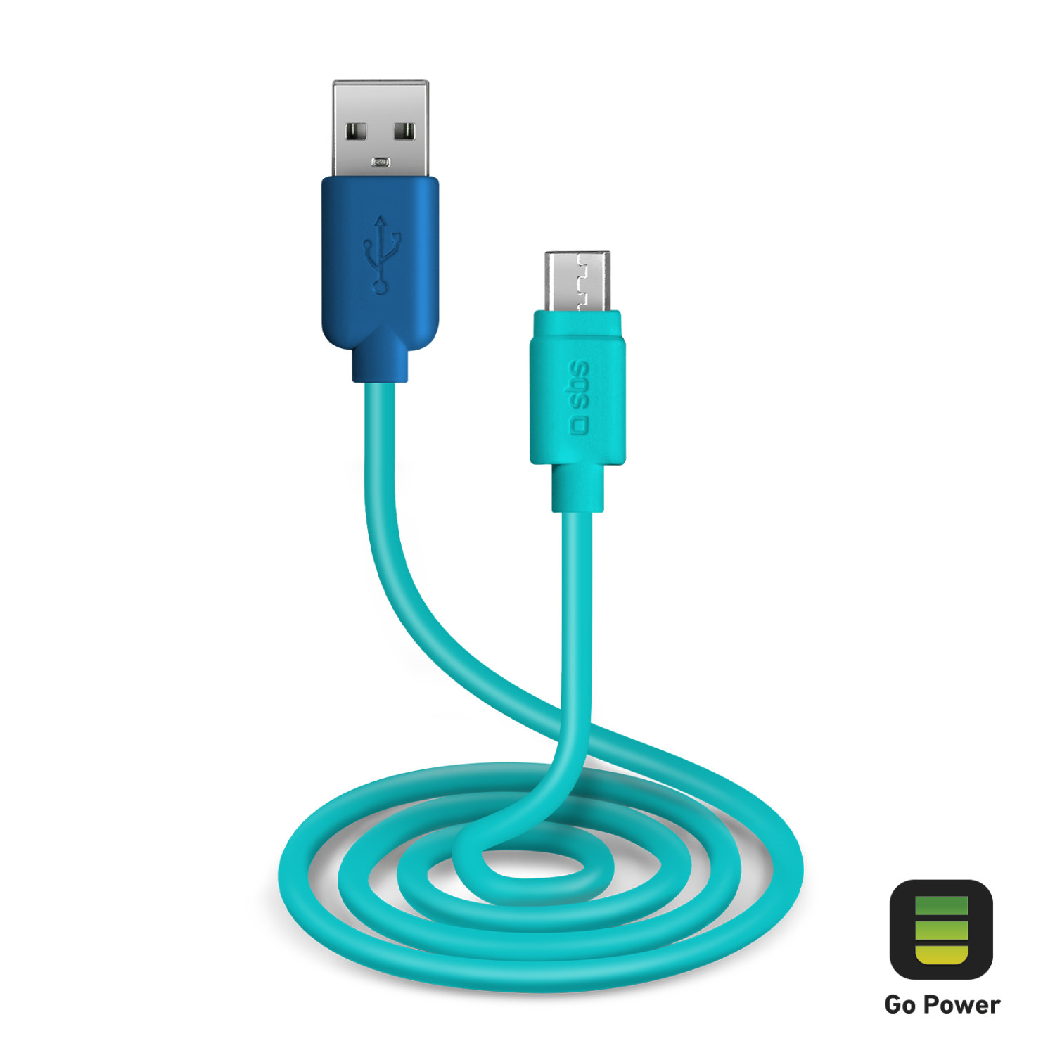 Un cable USB-C turquesa con conector USB-A azul sobre fondo blanco.