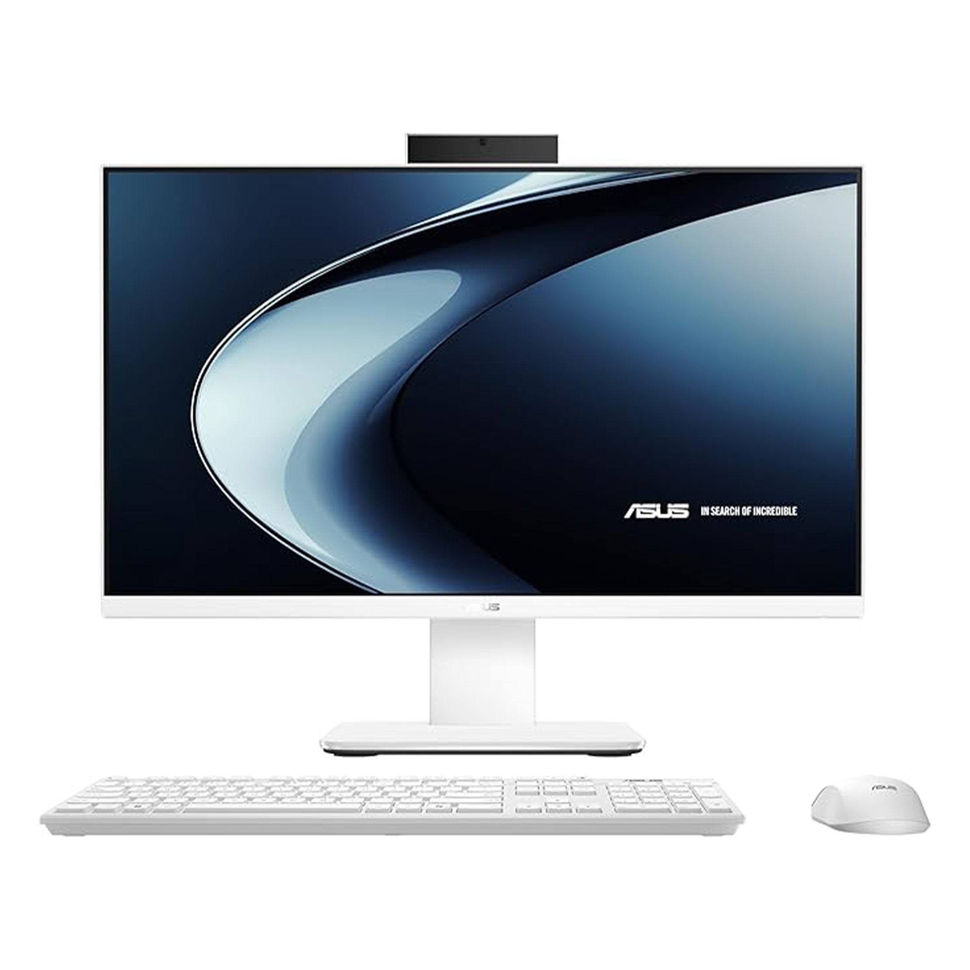 Klavye ve fareli beyaz Asus hepsi bir arada bilgisayar.