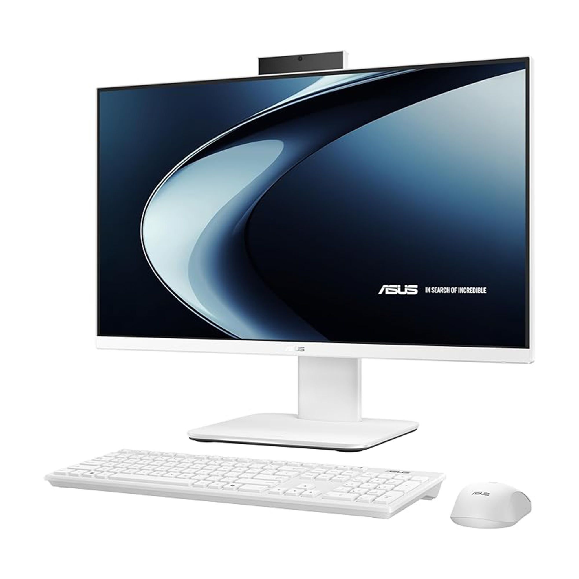 Beyaz bir all-in-one bilgisayar, klavye ve fare beyaz arka planda.