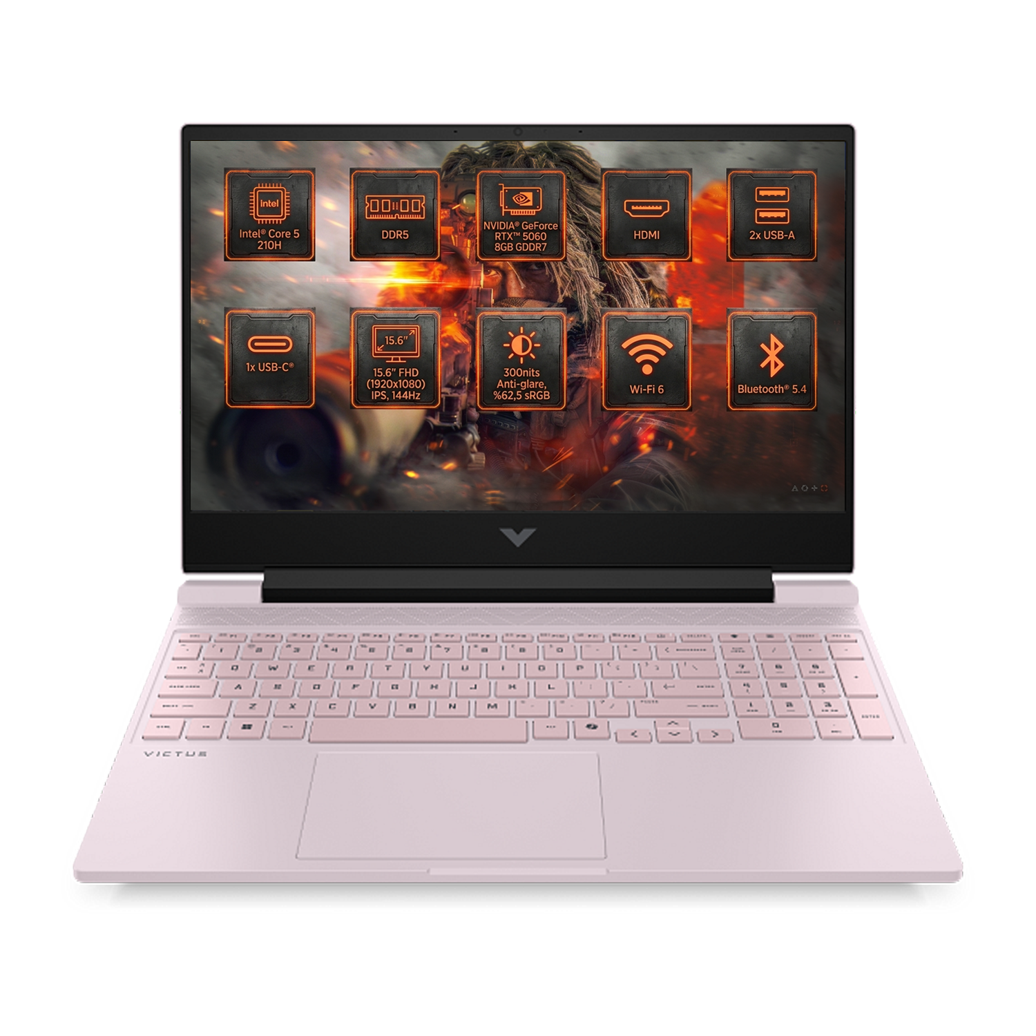 Intel Core i5, NVIDIA RTX 5060, 15,6 inç FHD 144Hz ekranlı pembe HP Victus dizüstü bilgisayar.