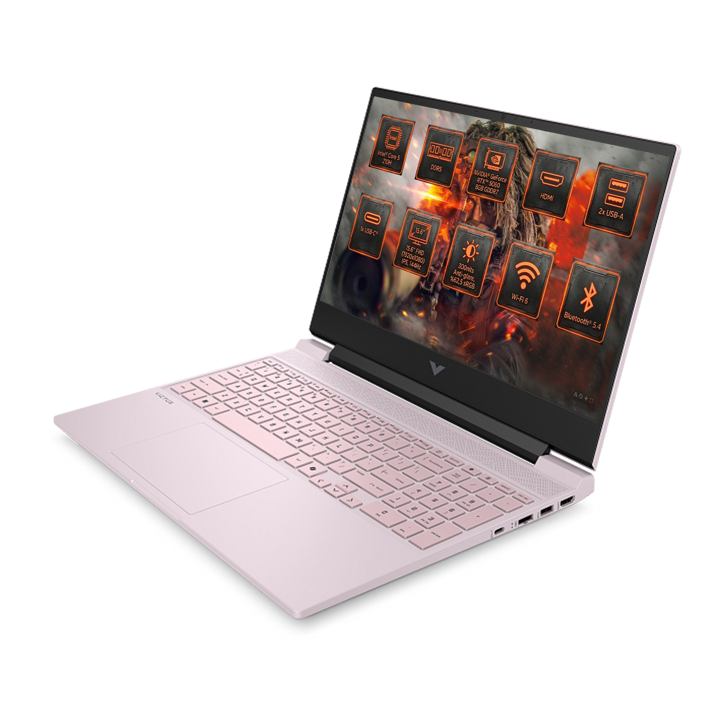Arkadan aydınlatmalı klavyeli ve ekranda teknik özelliklere sahip pembe bir HP Victus dizüstü bilgisayar.
