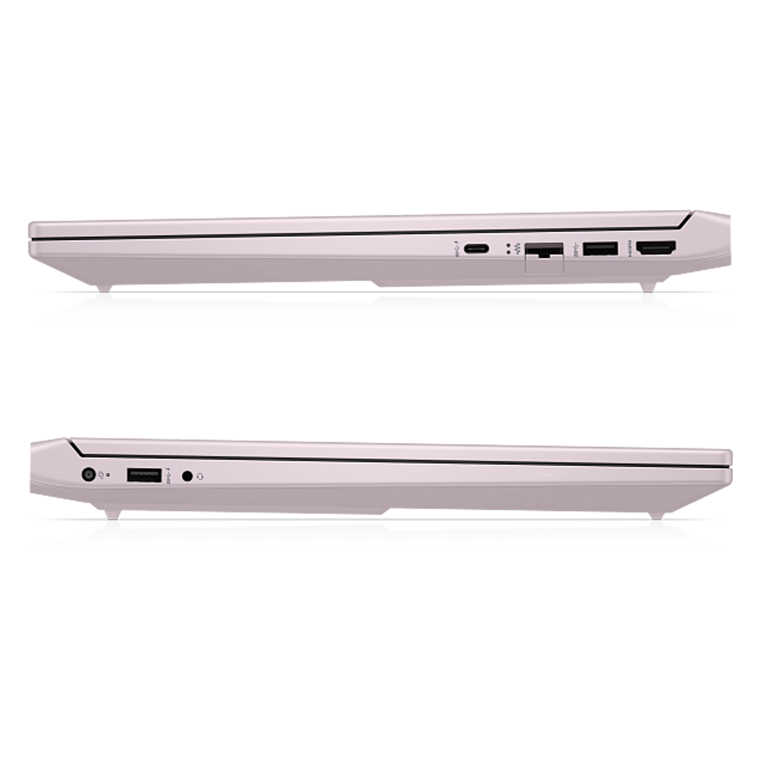 Pembe dizüstü bilgisayar yan görünümü USB-C, HDMI ve SD kart okuyucu portları.