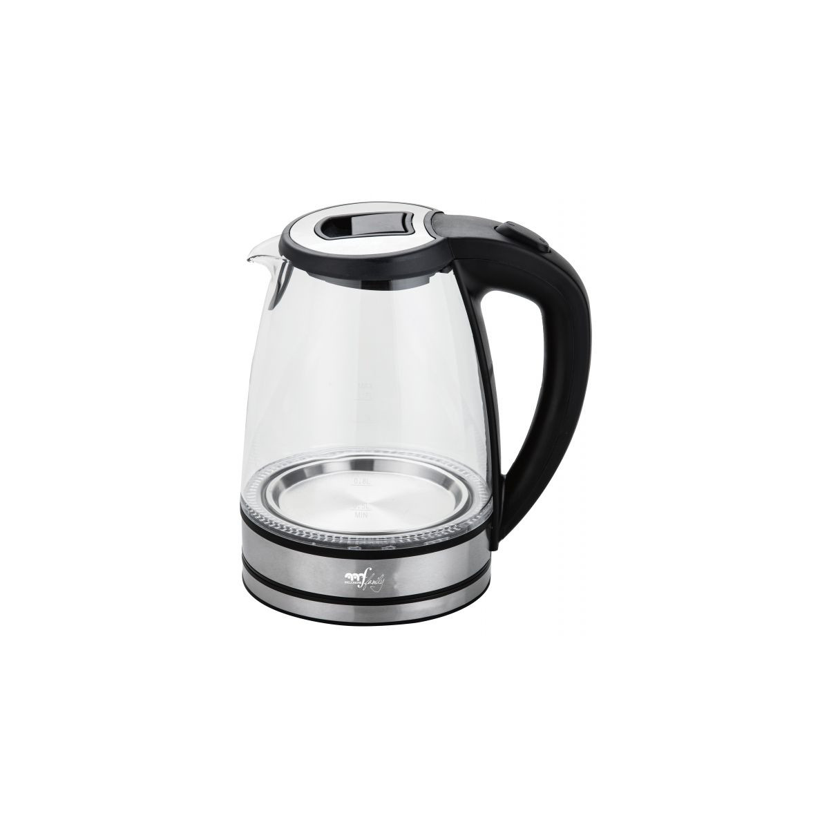 A clear glass electric kettle with a black handle and silver base on a white background.