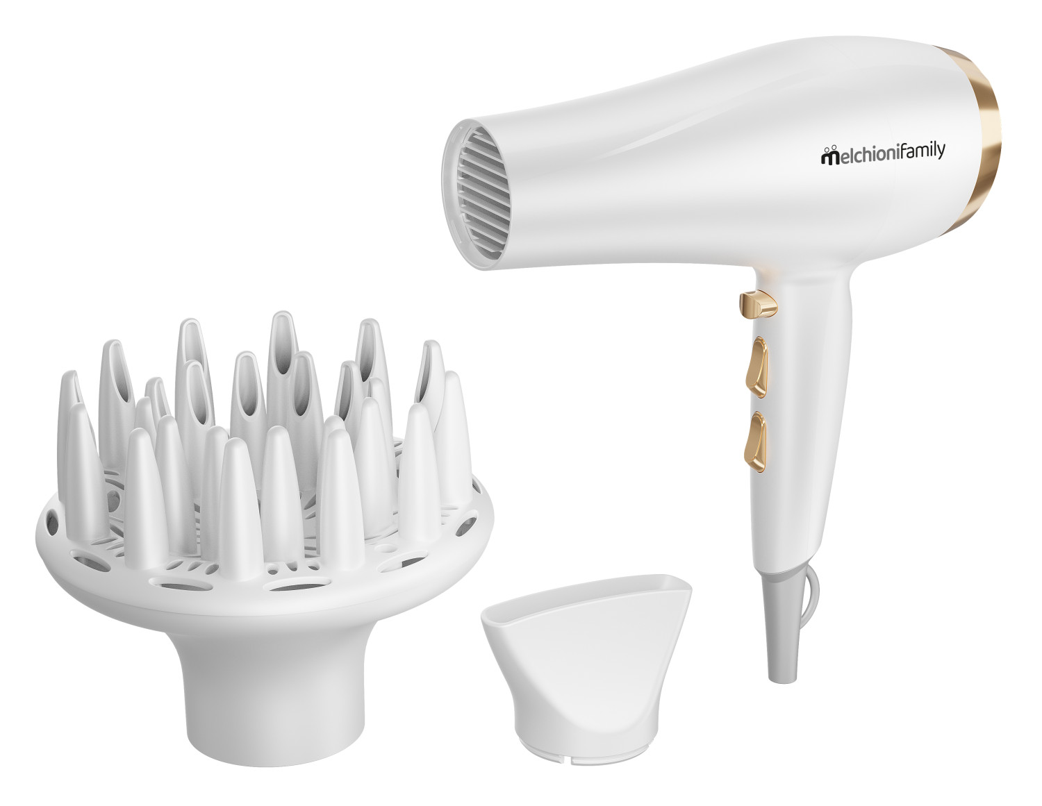 Een witte föhn met diffuser en concentratormondstuk.