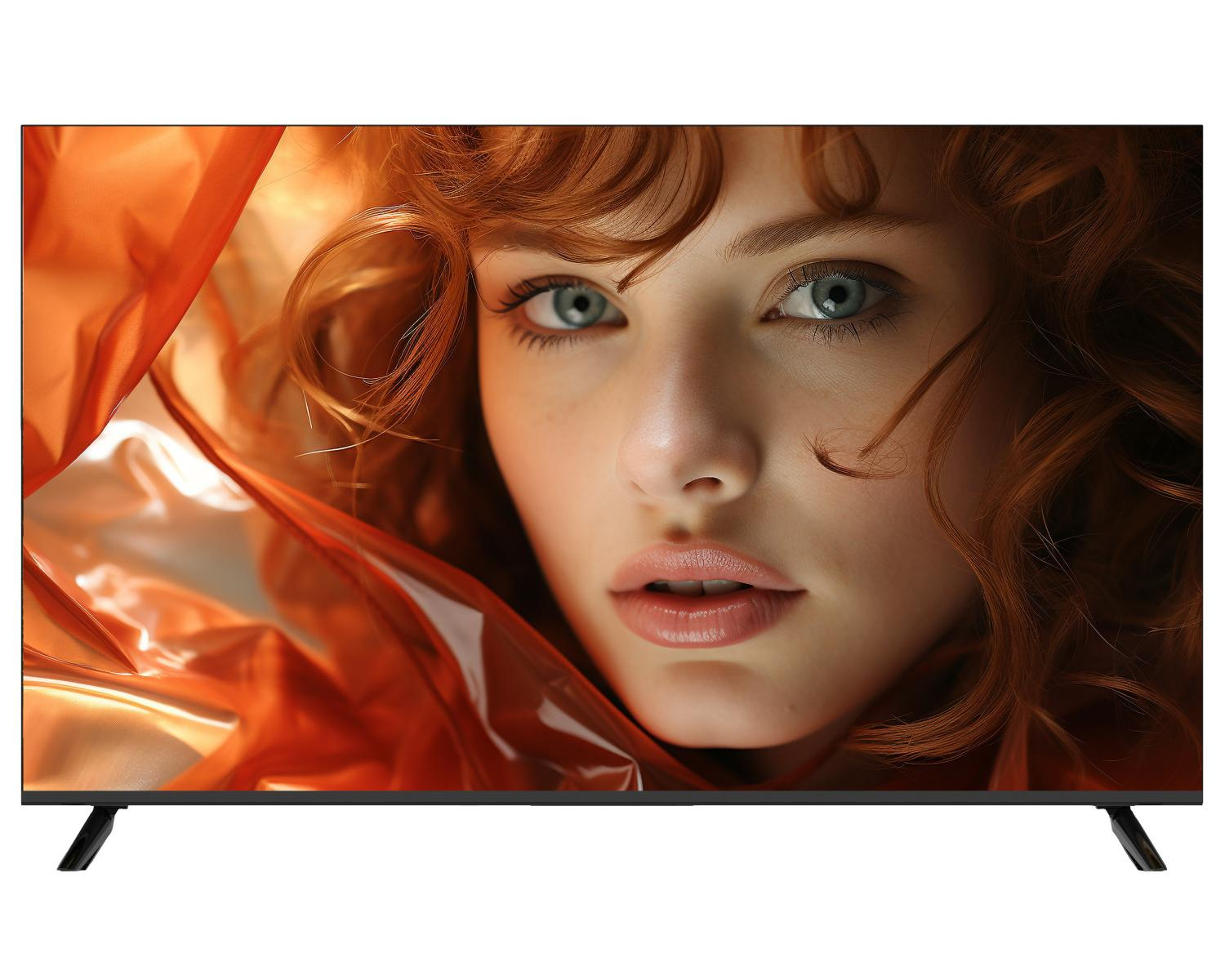 Una donna con capelli rossi e occhi blu guarda attraverso un tessuto arancione.