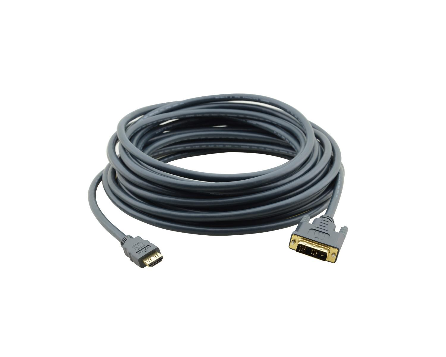 Un cable gris enrollado con conectores HDMI y DVI sobre fondo blanco.