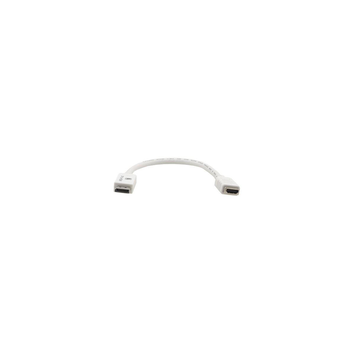 Un cable HDMI blanco con dos conectores sobre fondo blanco.