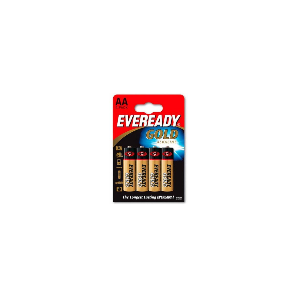 Quattro batterie alcaline AA Eveready Gold confezionate.