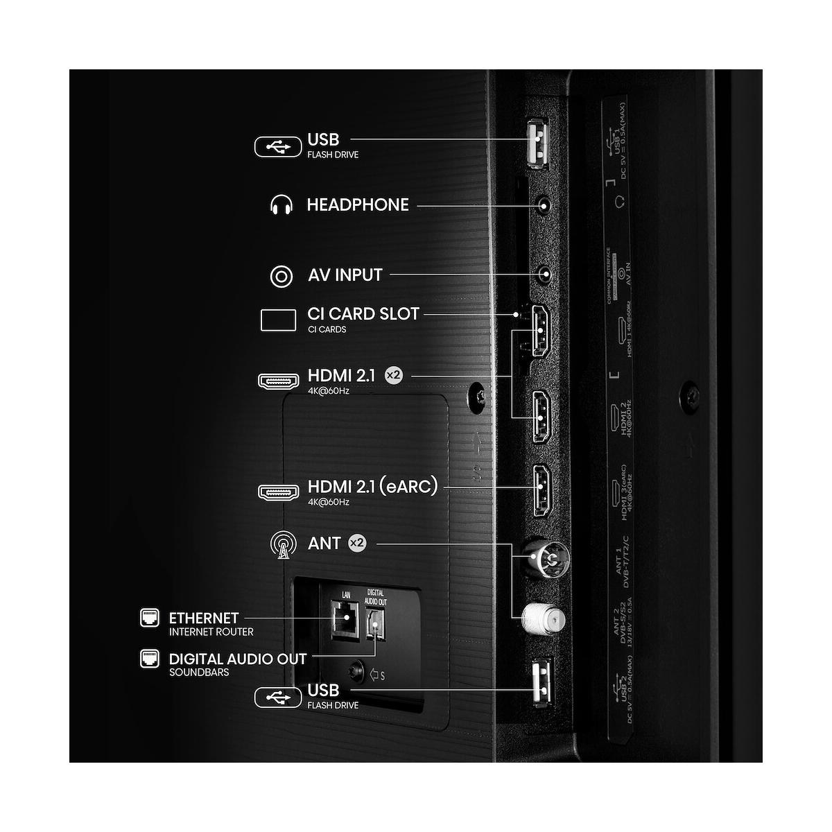Pannello connessioni TV con porte USB, HDMI, antenna e LAN.