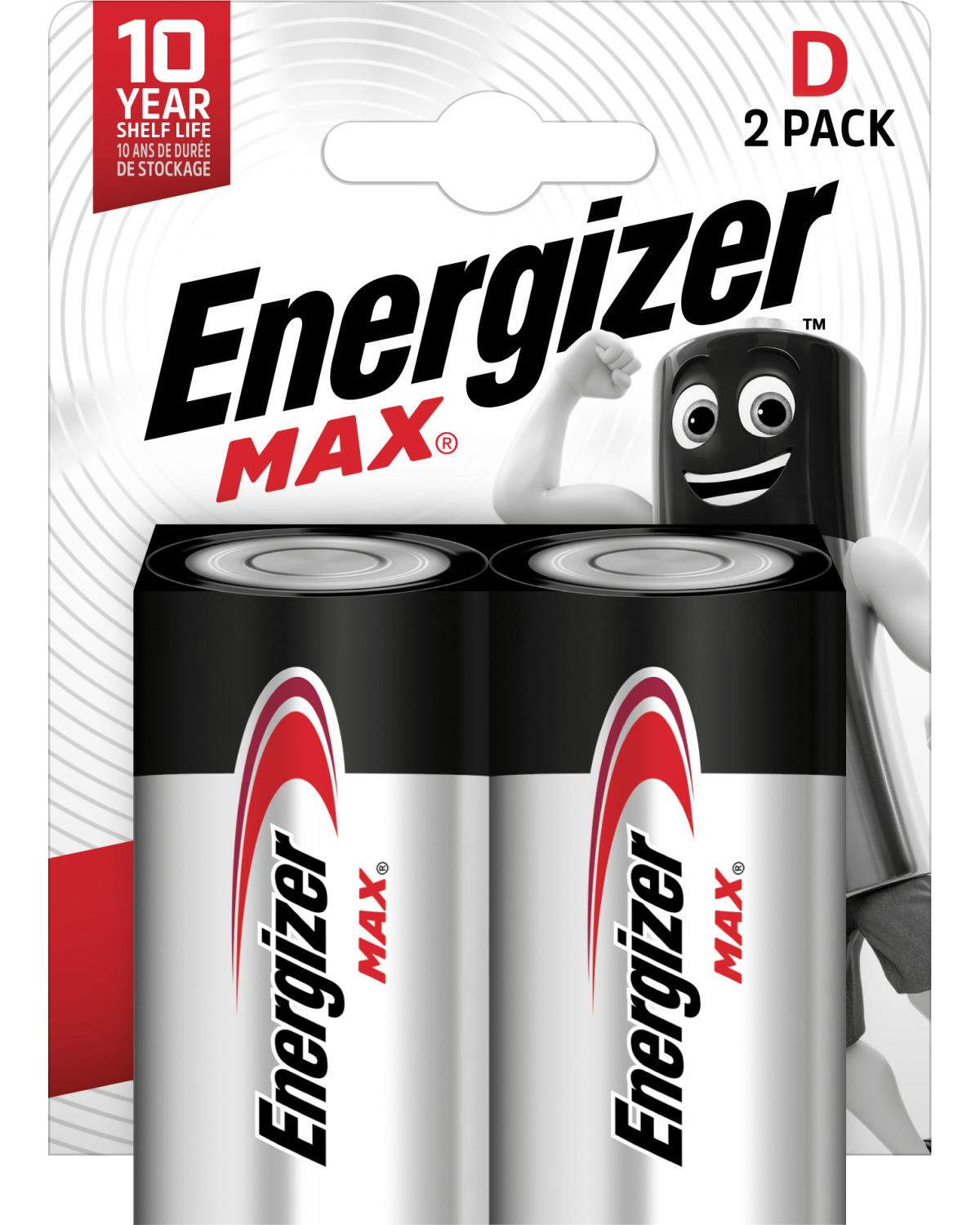 Dwie baterie D Energizer Max z 10-letnim okresem przydatności.