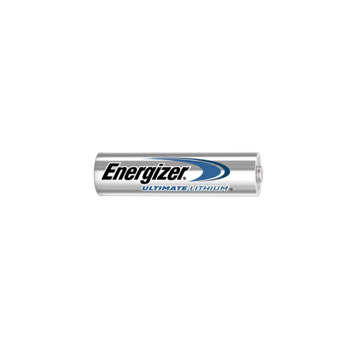 A single silver Energizer Ultimate Lithium AA battery on a white background.