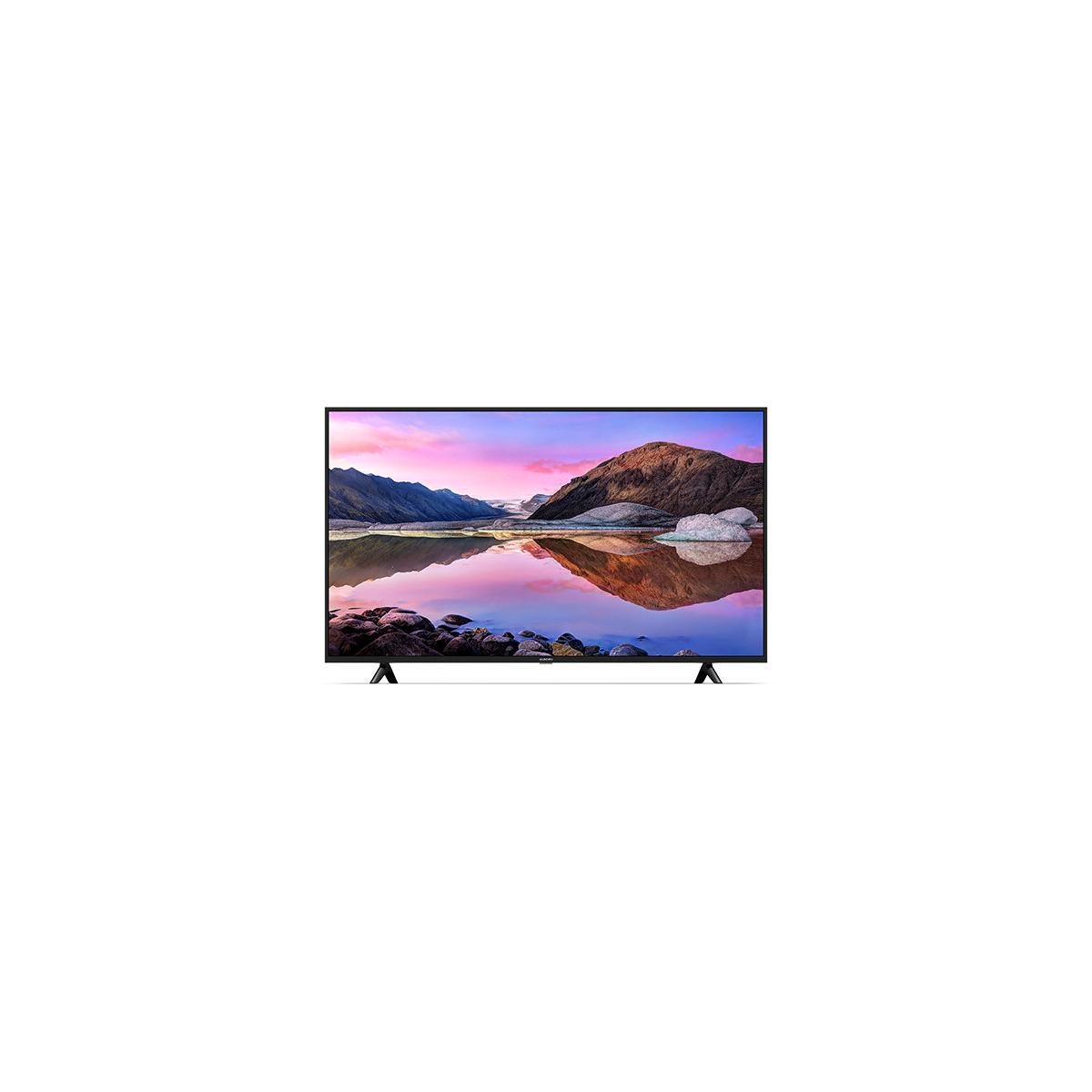 Un televisor moderno muestra un paisaje con montañas, agua y un cielo colorido.