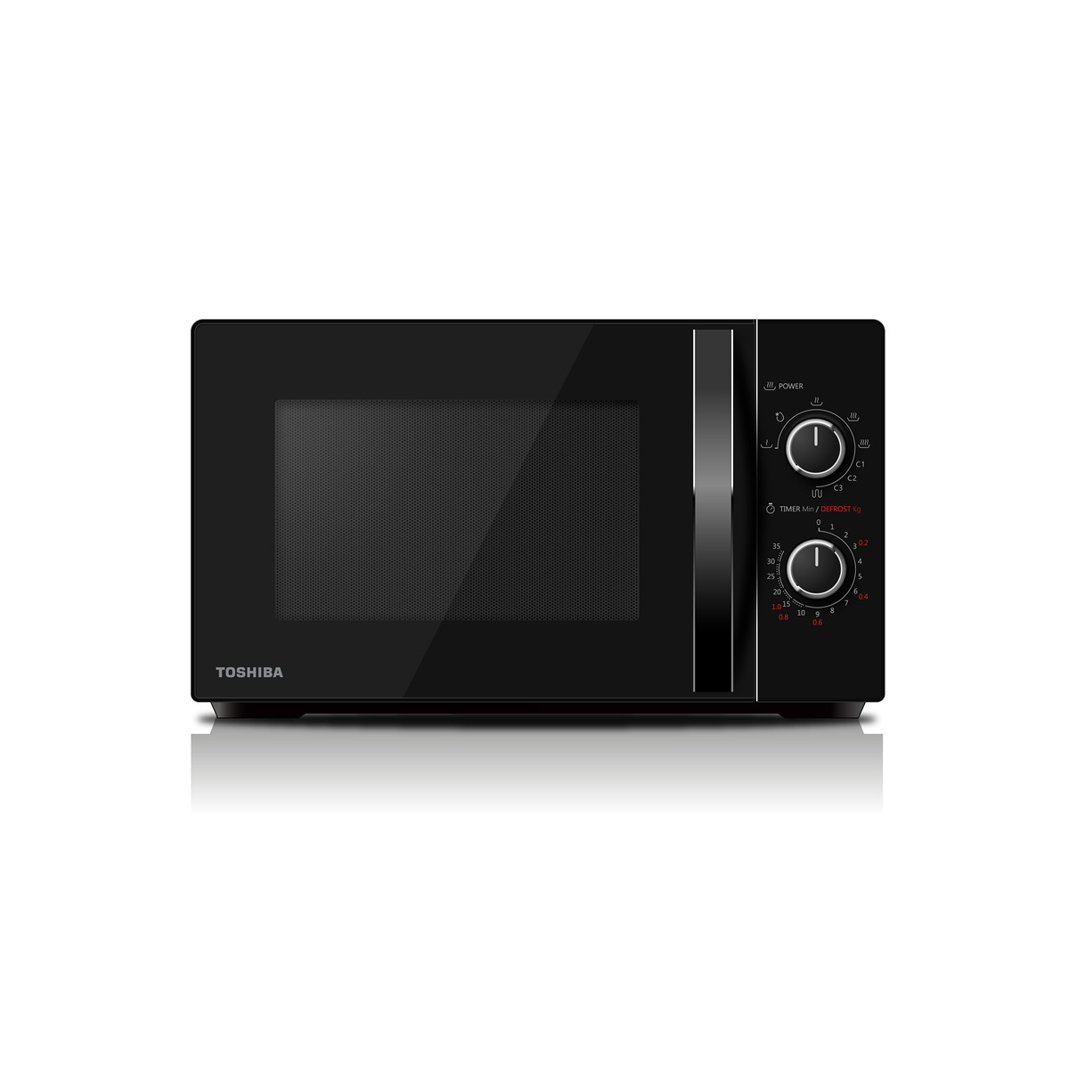 Zwarte Toshiba magnetron met glazen deur en draaiknoppen voor vermogen en timer.
