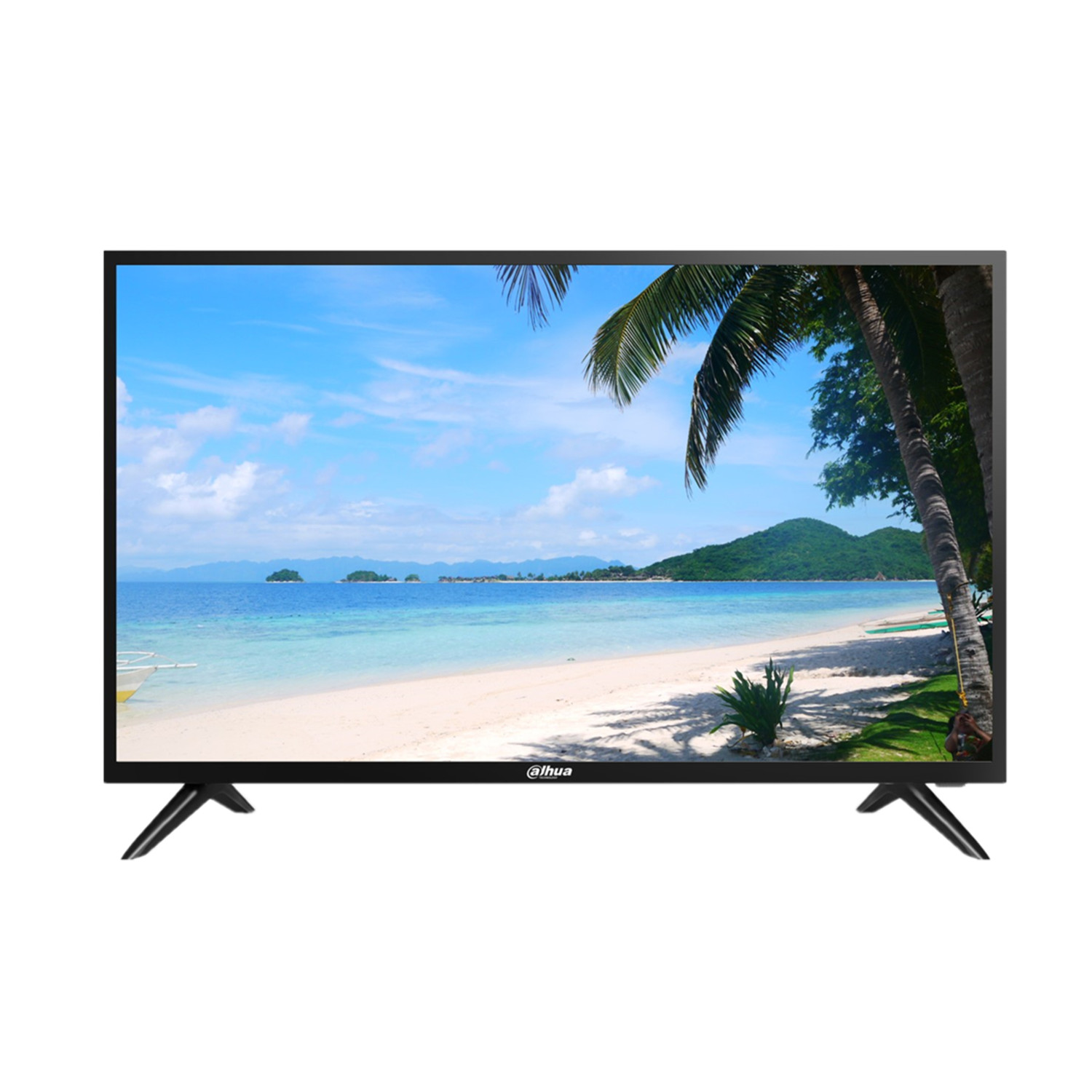 Une télévision affiche une scène de plage tropicale avec des palmiers et l'océan.
