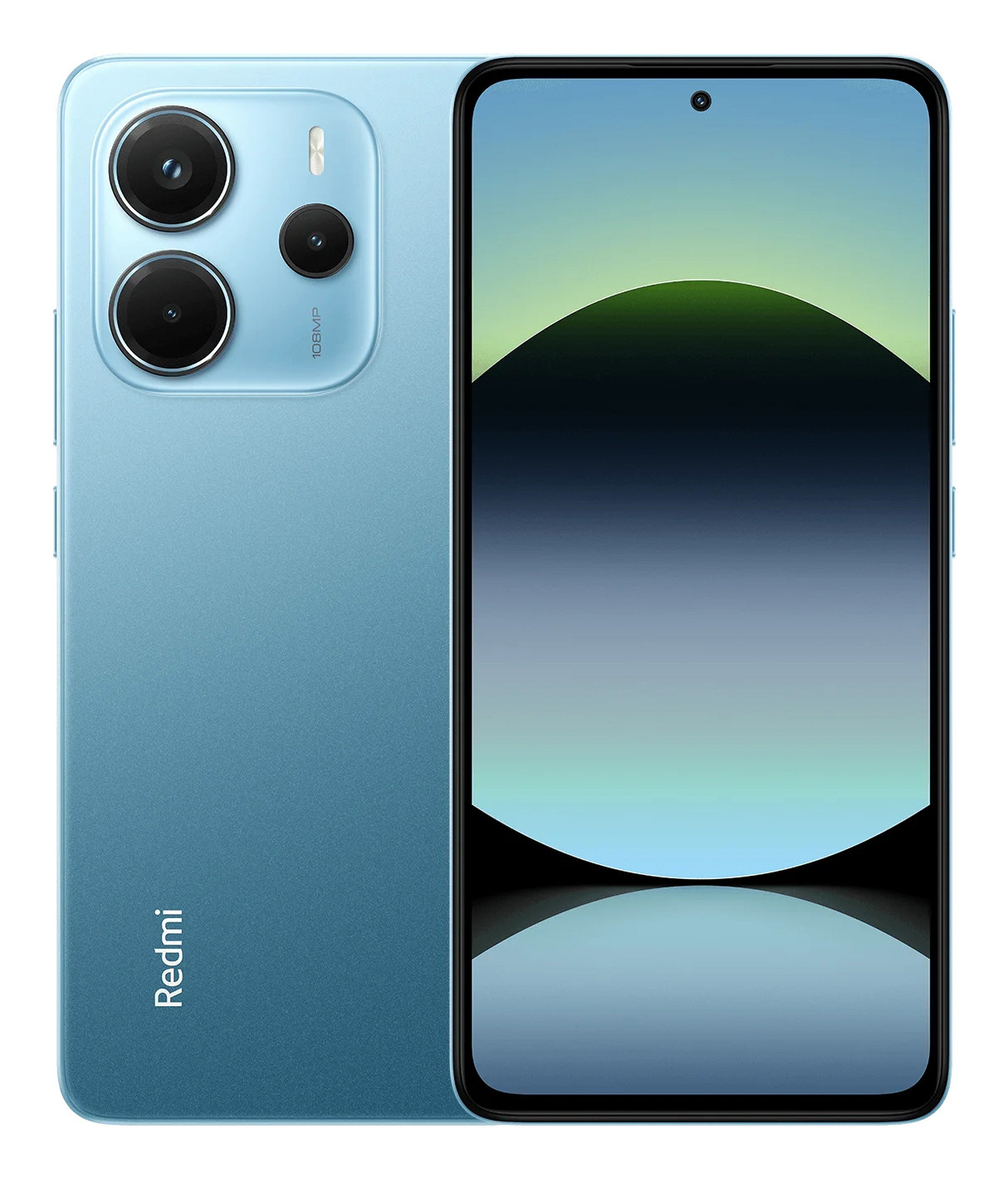 Uno smartphone blu con tre fotocamere posteriori e il logo Redmi. Schermo con arte astratta.