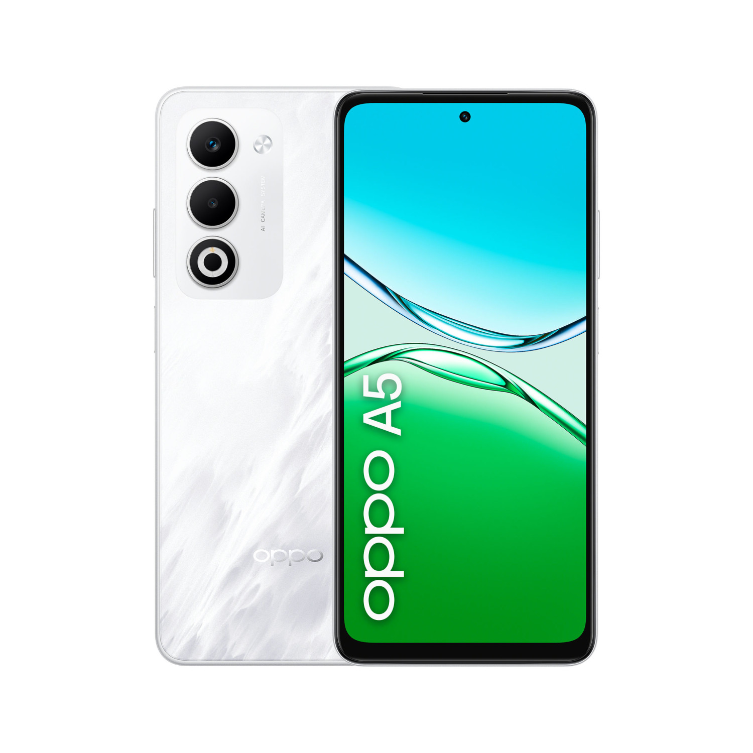 Ein weißes Oppo A5 Smartphone mit drei Kameras auf der Rückseite.