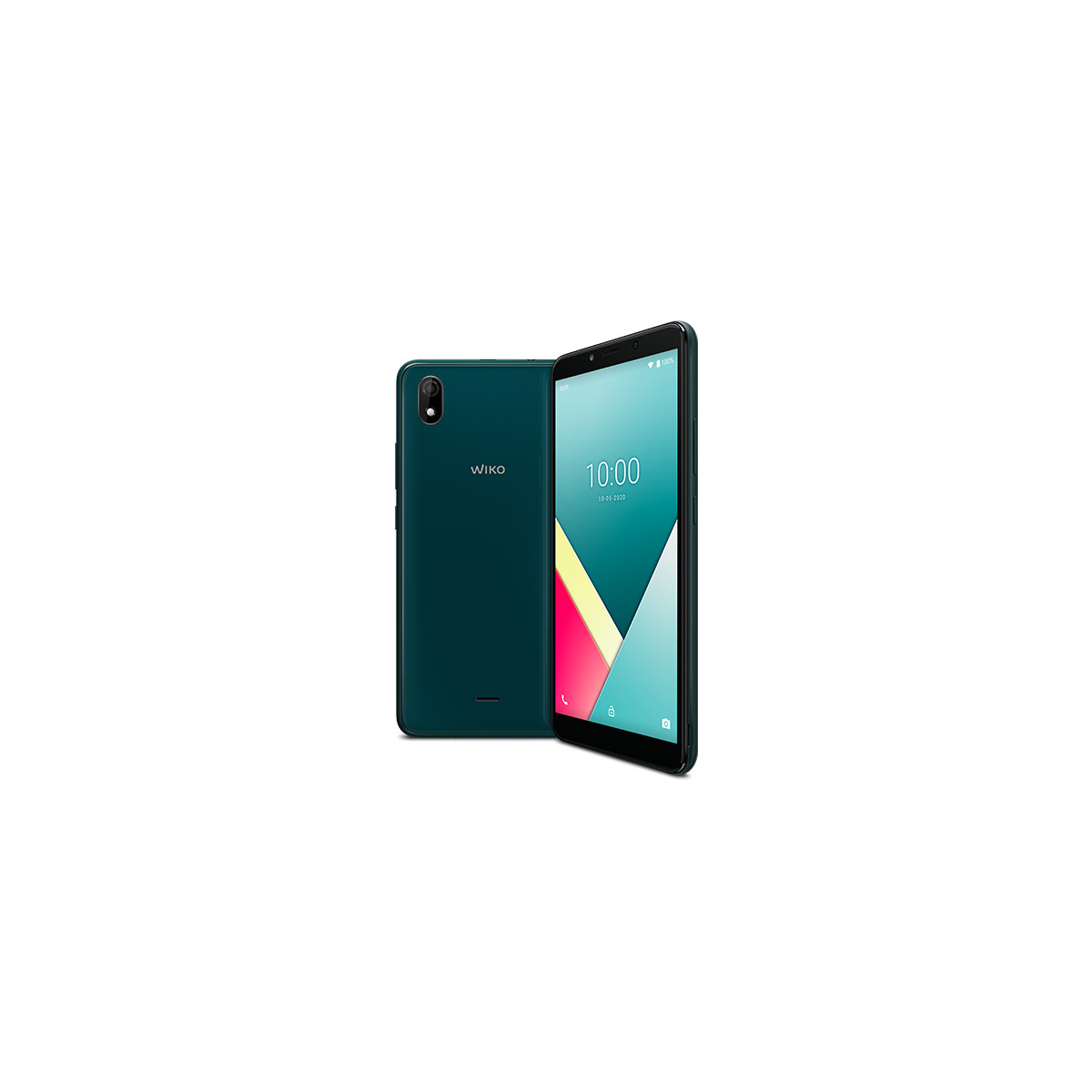Zwei dunkelgrüne Smartphones nebeneinander, eines von vorne, eines von hinten.