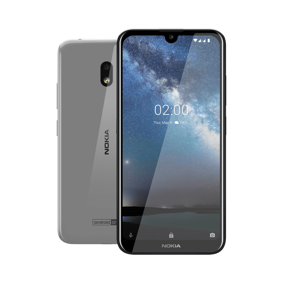 Zwei graue Nokia-Smartphones, eines mit Sternenhimmel-Hintergrundbild.