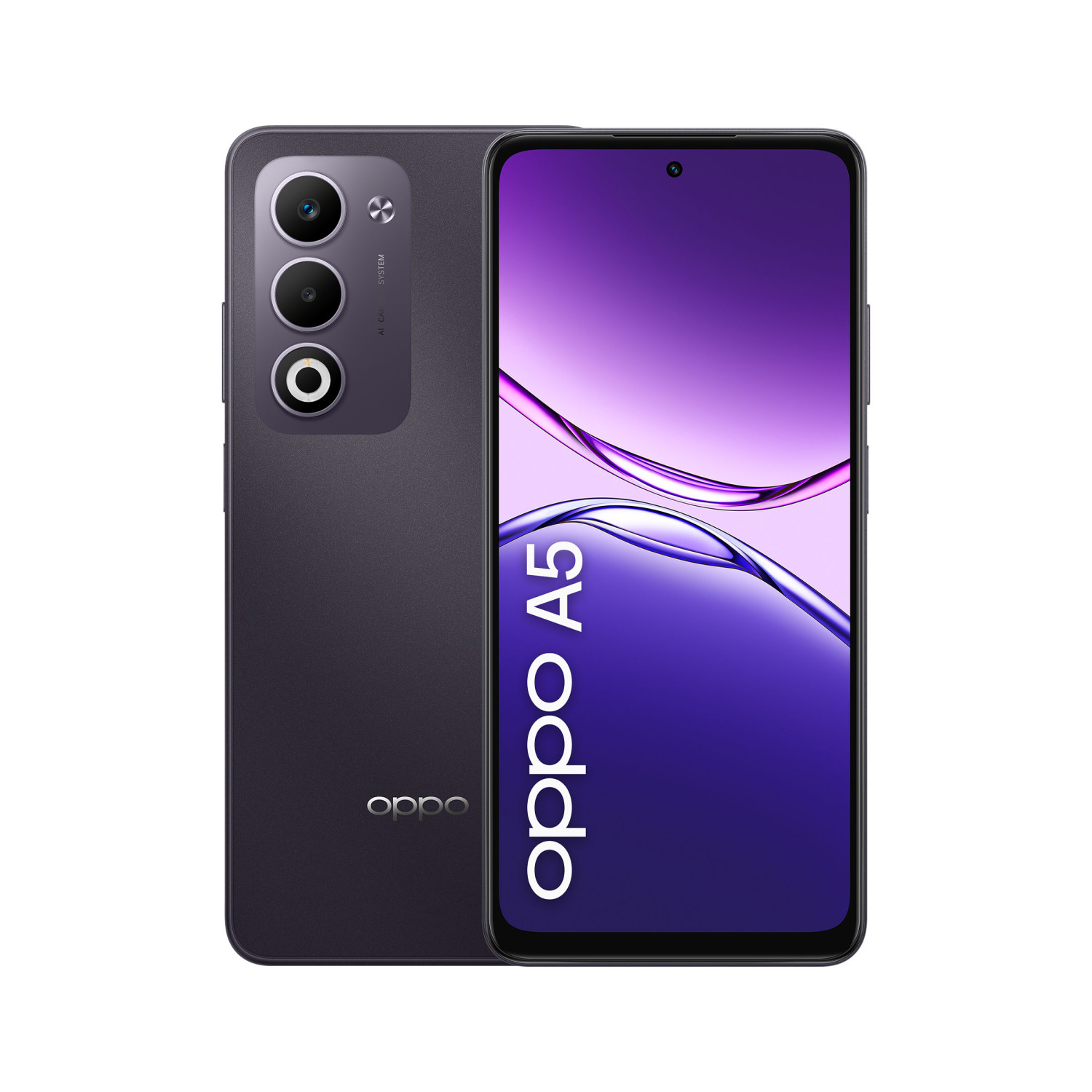 Dunkelgraues Oppo A5 Smartphone mit drei Kameras auf der Rückseite und einem violetten Hintergrund.