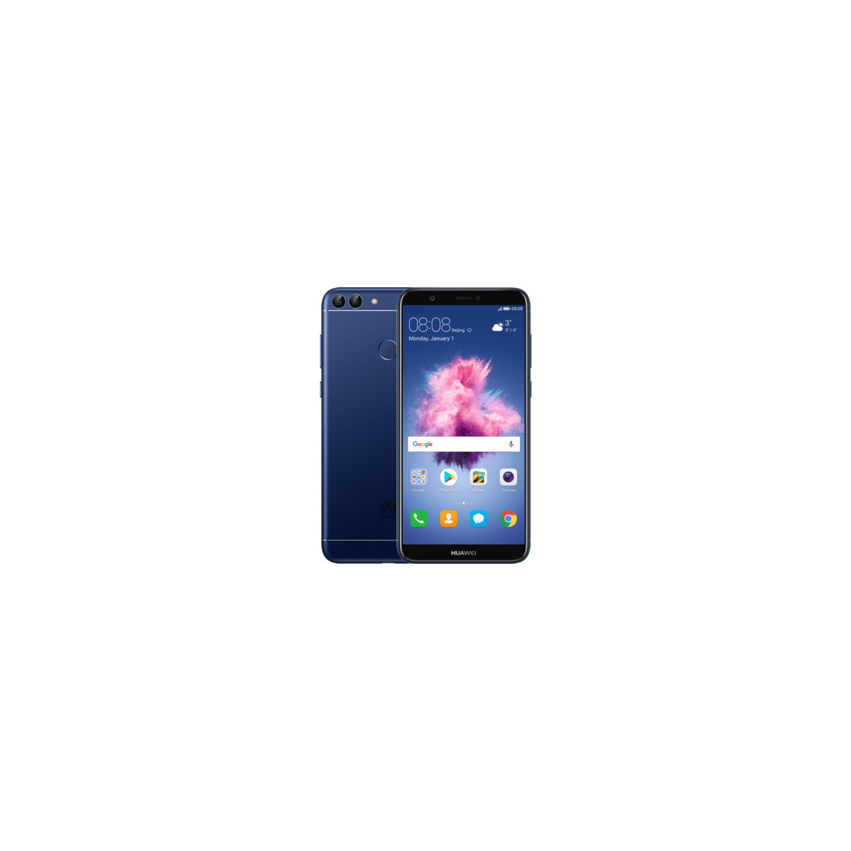 Zwei blaue Huawei Smartphones nebeneinander, eines von vorne, eines von hinten.