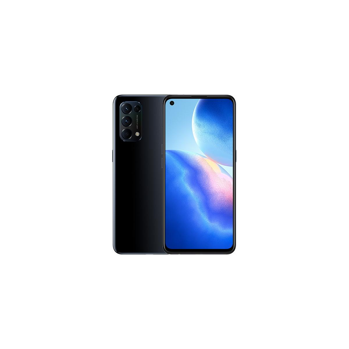 Schwarzes Smartphone mit vier Kameras auf der Rückseite und einem blauen Hintergrundbild.