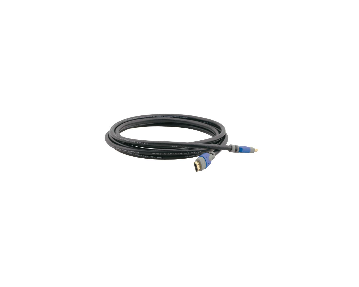 Cable HDMI negro con Ethernet y conectores azules sobre fondo blanco.