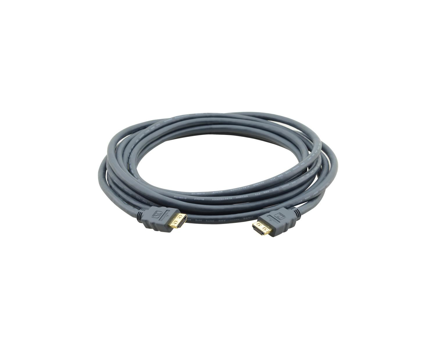 Un cable HDMI gris enrollado con conectores chapados en oro sobre fondo blanco.