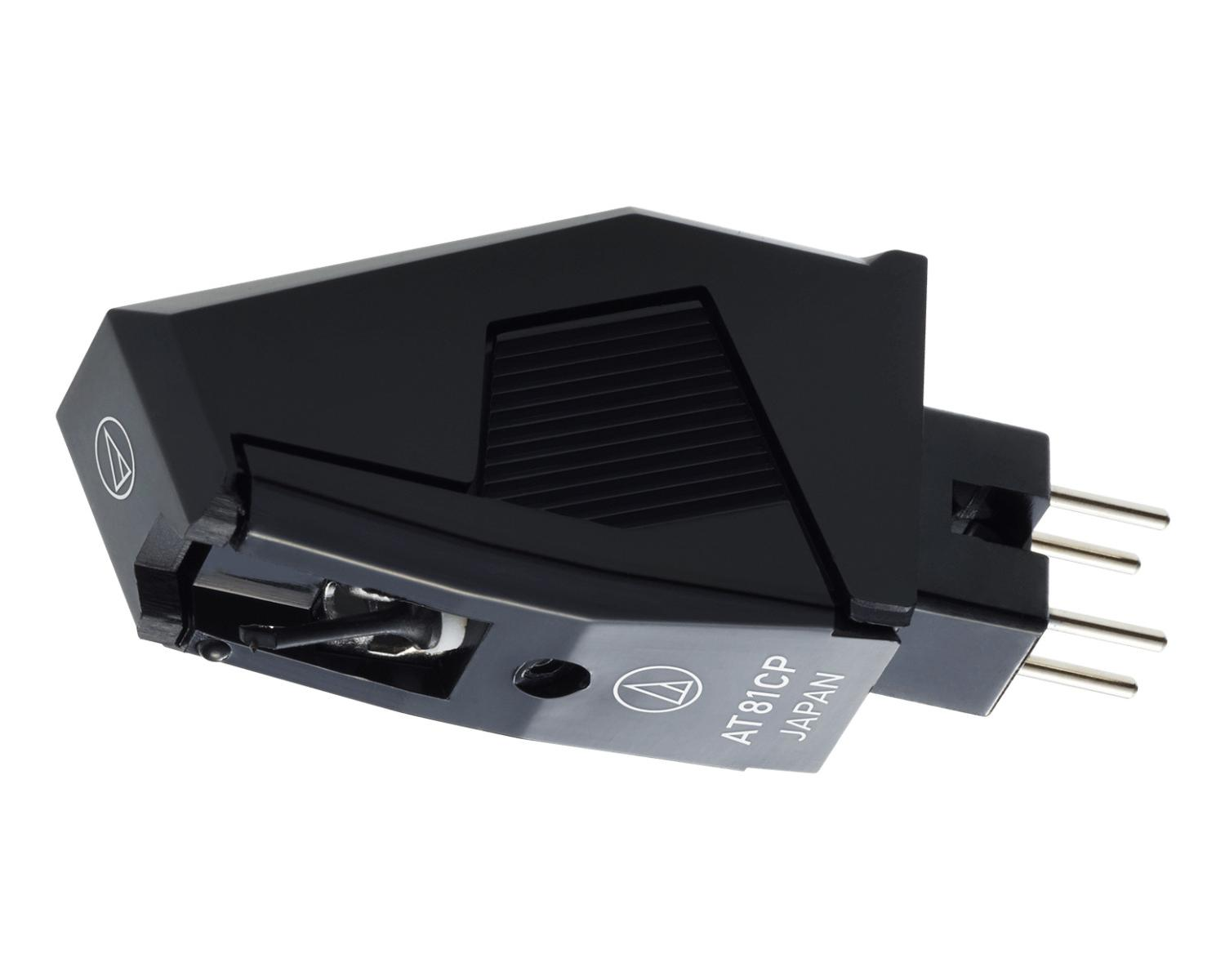 Schwarzer Tonabnehmer mit silbernen Pins und Audio-Technica-Logo.