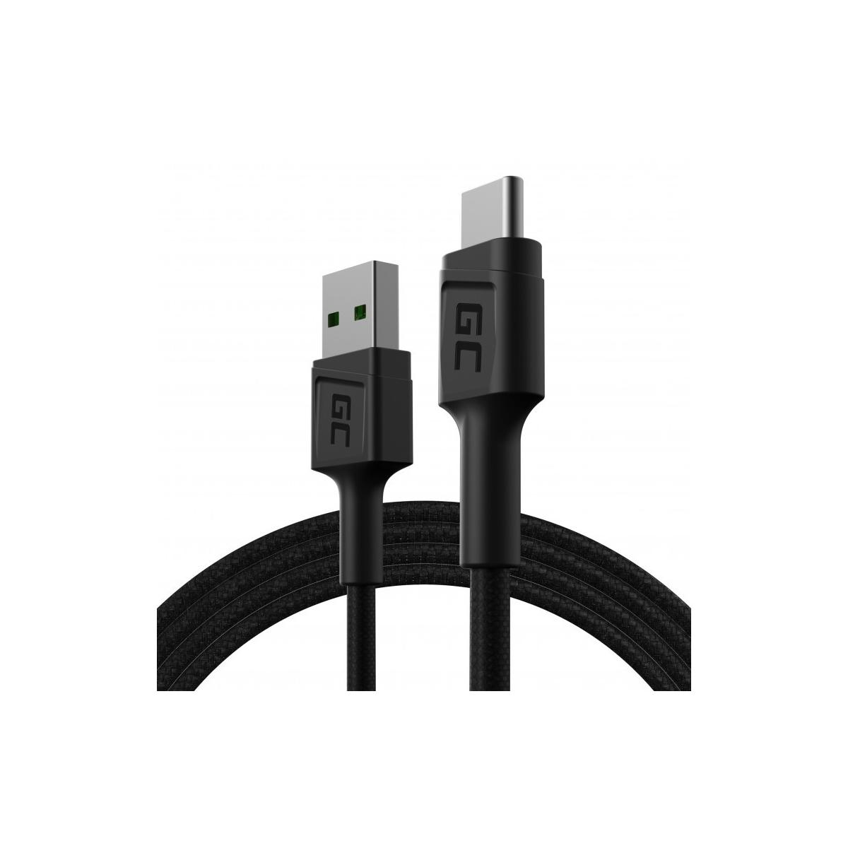 Due cavi di ricarica GC neri con connettori USB-A e USB-C su sfondo bianco.