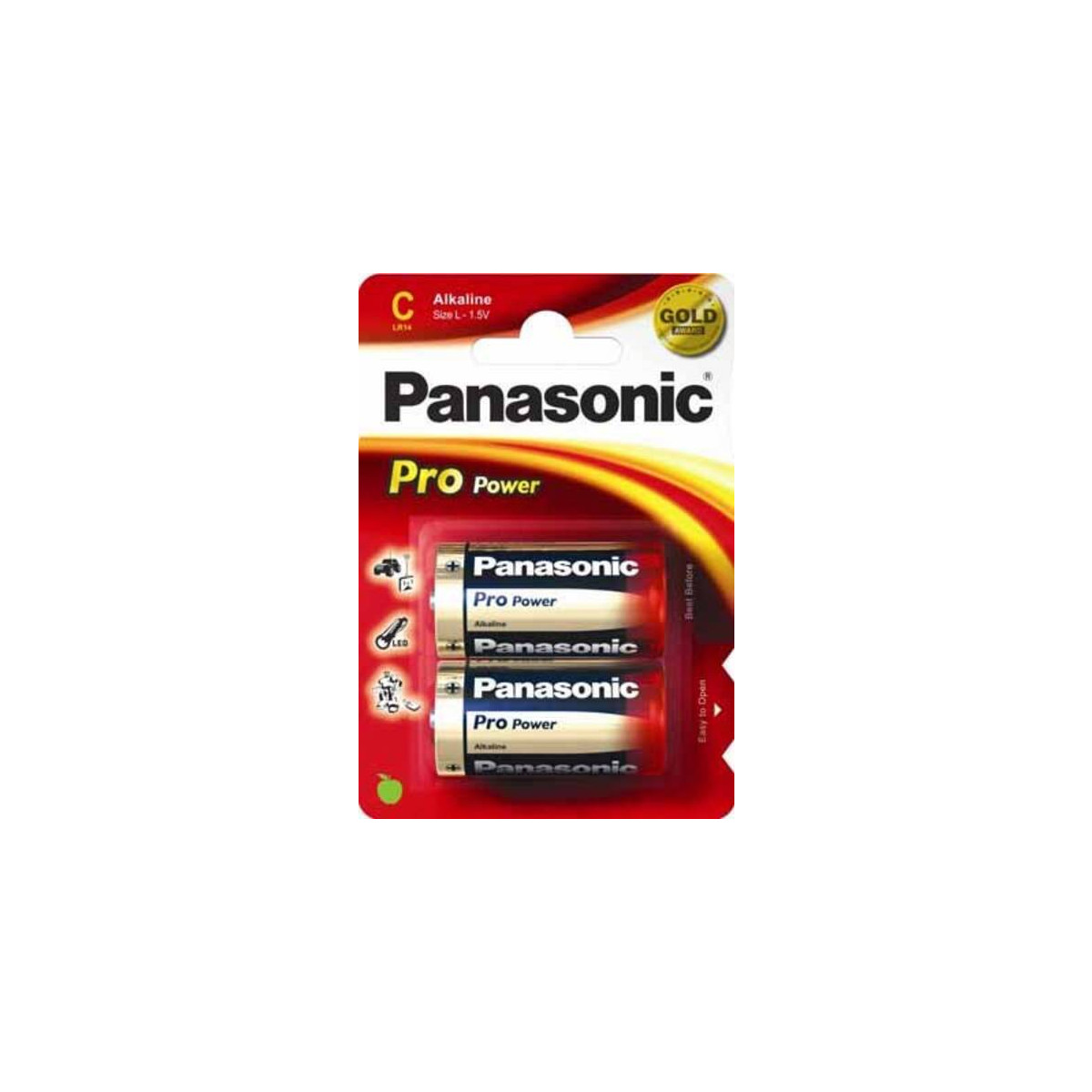 Zwei Panasonic Pro Power C Alkaline-Batterien in einer Blisterpackung.