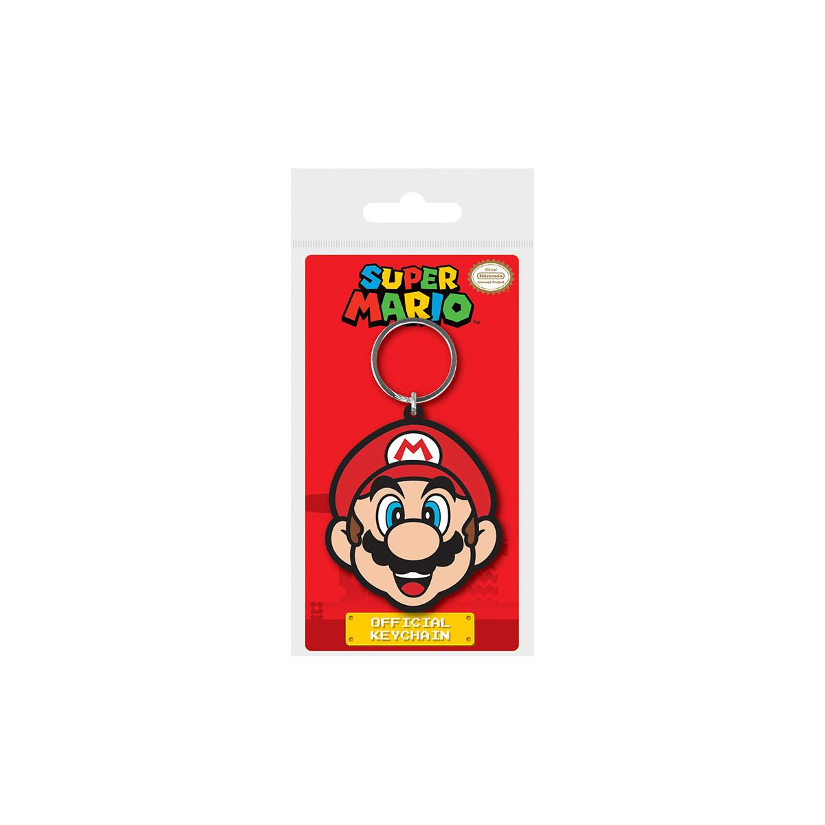 Llavero de Super Mario con la cara de Mario sobre fondo rojo.